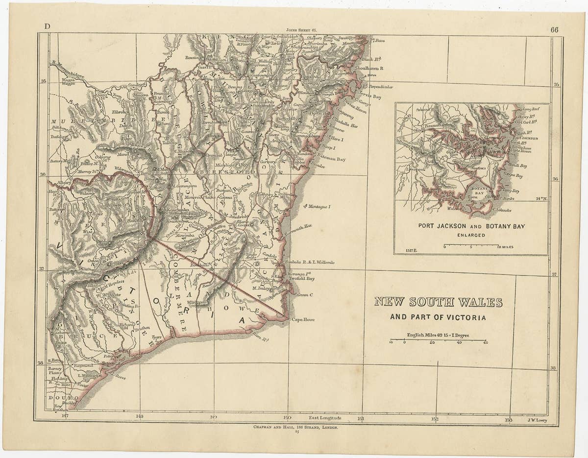 Antique Map of New South Wales by Lowry, 1852