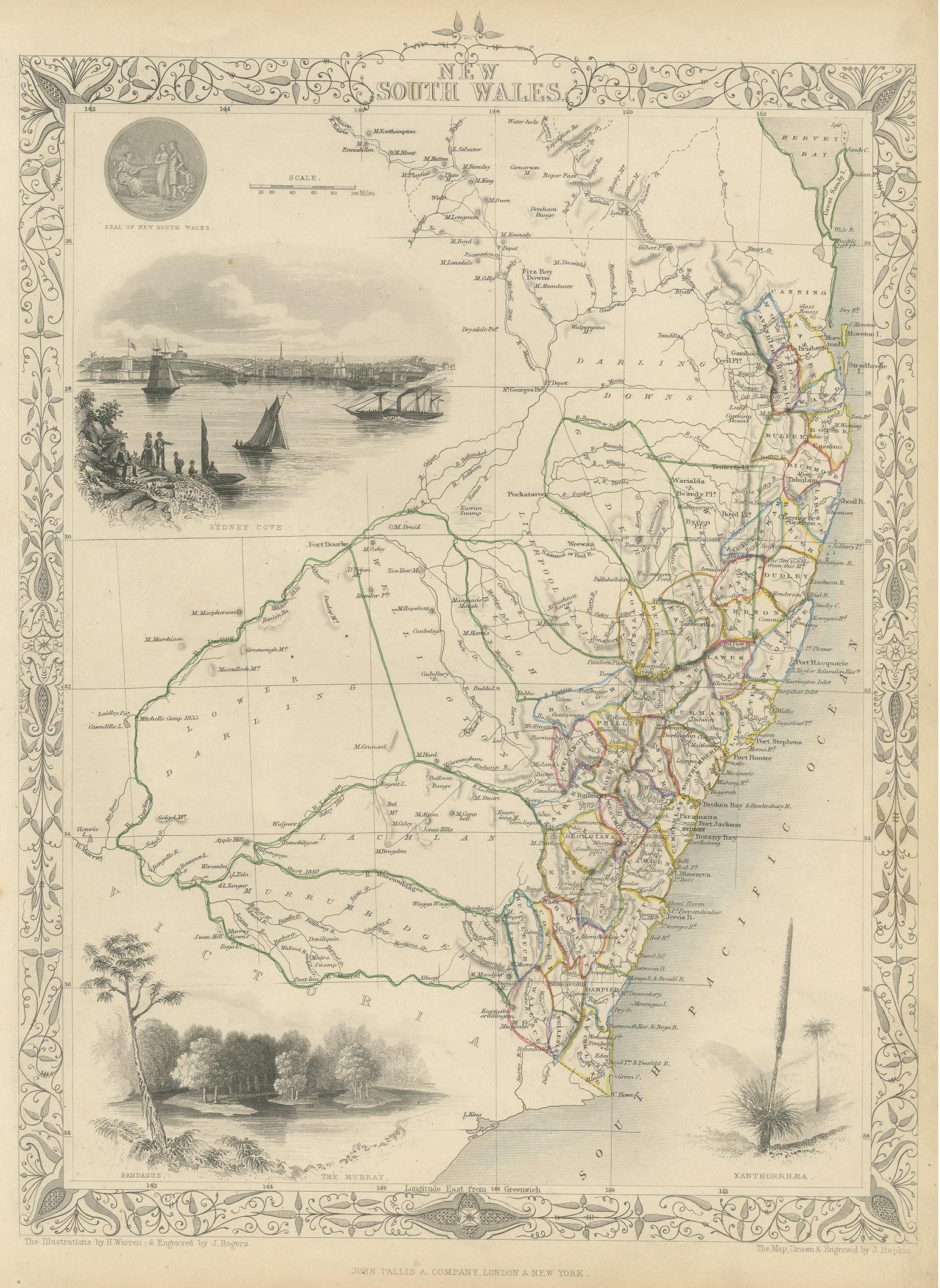 Antique map titled 'New South Wales'. Decorative and detailed map of New South Wales which was drawn and engraved by J. Rapkin (vignettes by H. Warren & J. Rogers) and published in John Tallis's Illustrated Atlas (London & New York: John Tallis &