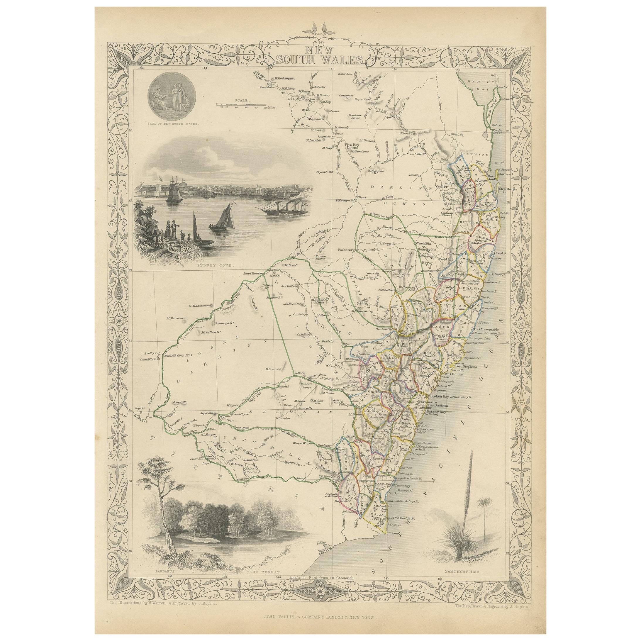 Antique Map of New South Wales by Tallis, circa 1851 For Sale