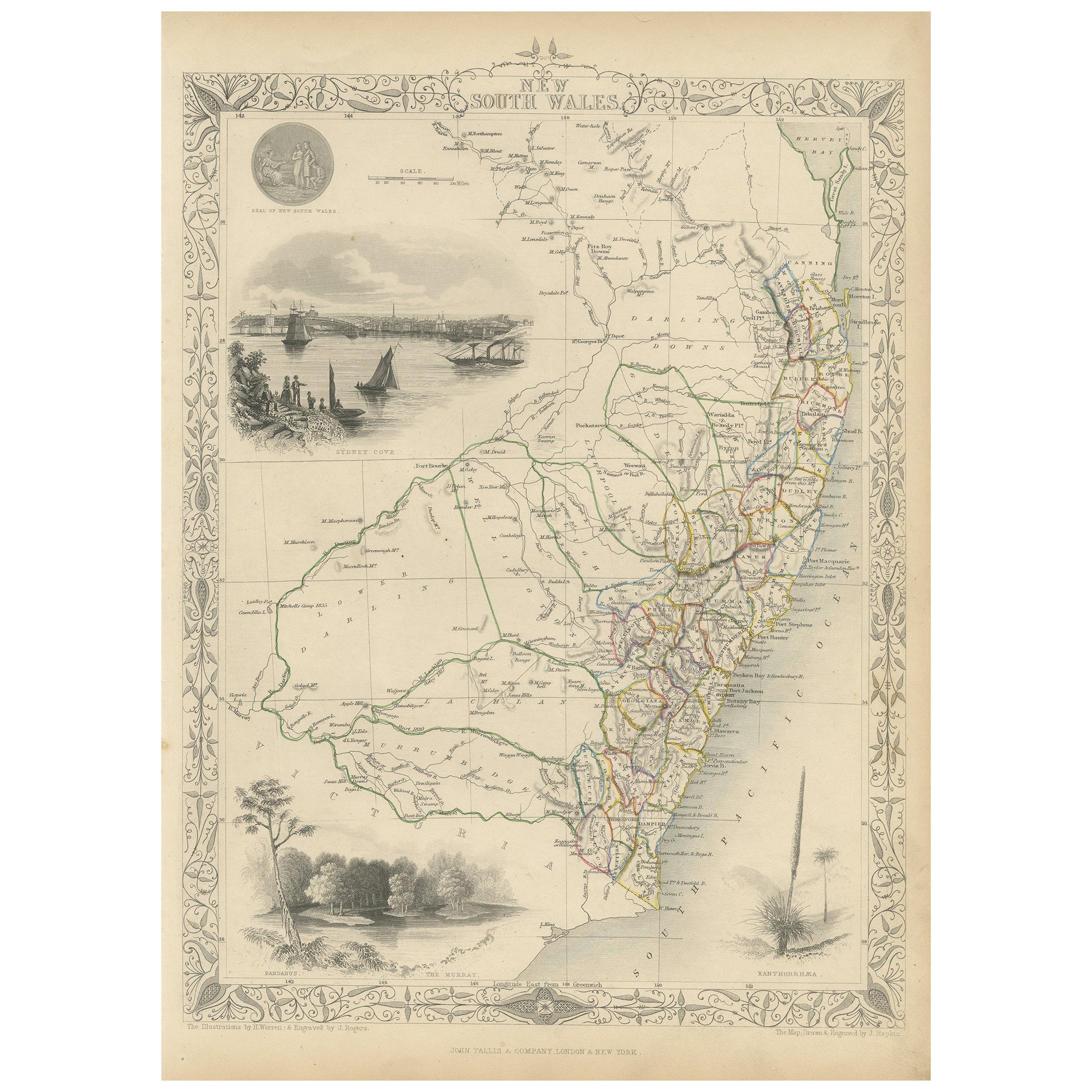 Mapa antiguo de Nueva Gales del Sur por Tallis, hacia 1851