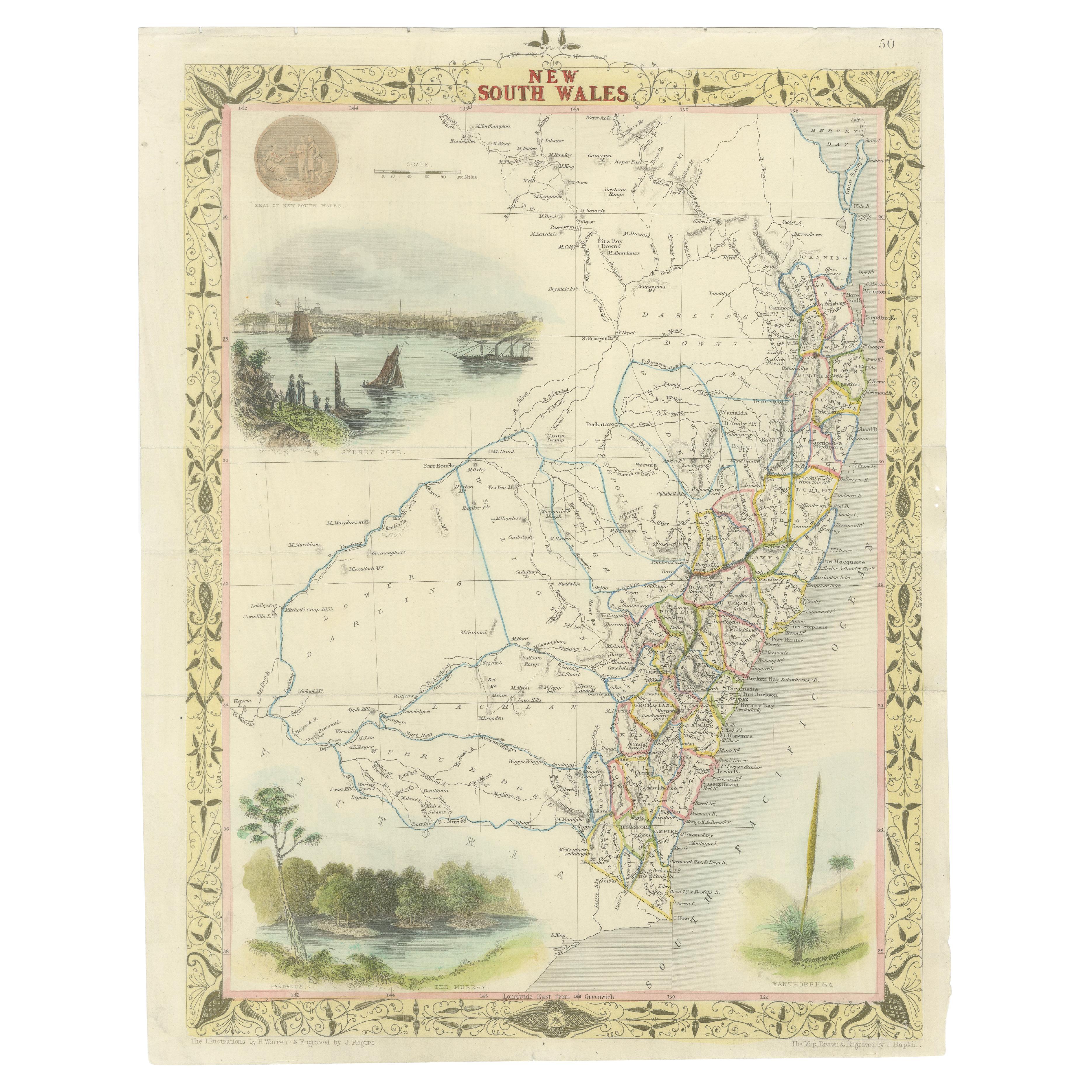 Carte ancienne du Nouveau-Galles du Sud en Australie, vers 1850