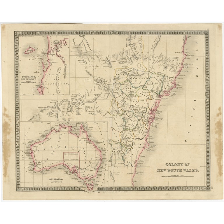 Antique map titled 'Colony of New South Wales'. Map of New South Wales with inset maps of Australia and Swan River. Artists and Engravers: Drawn and engraved by J. Dower. Published by Henry Teesdale & Co, London.
Artist: Drawn and engraved by J.