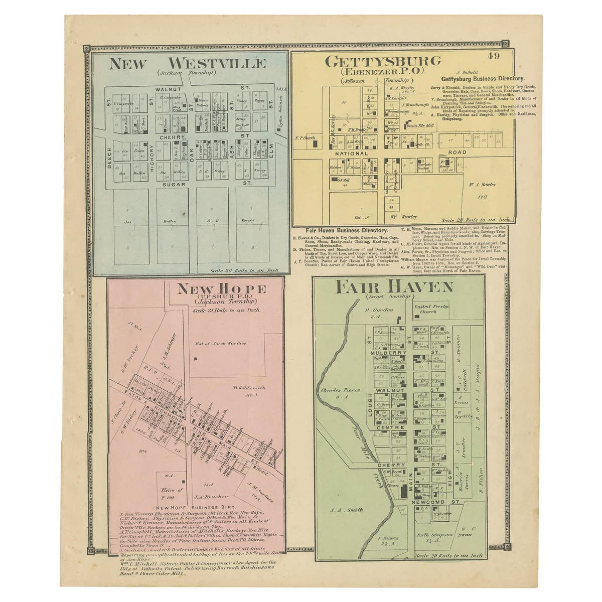 Antique Map of New Westville, Gettysburg, New Hope & Fair Haven, 1871