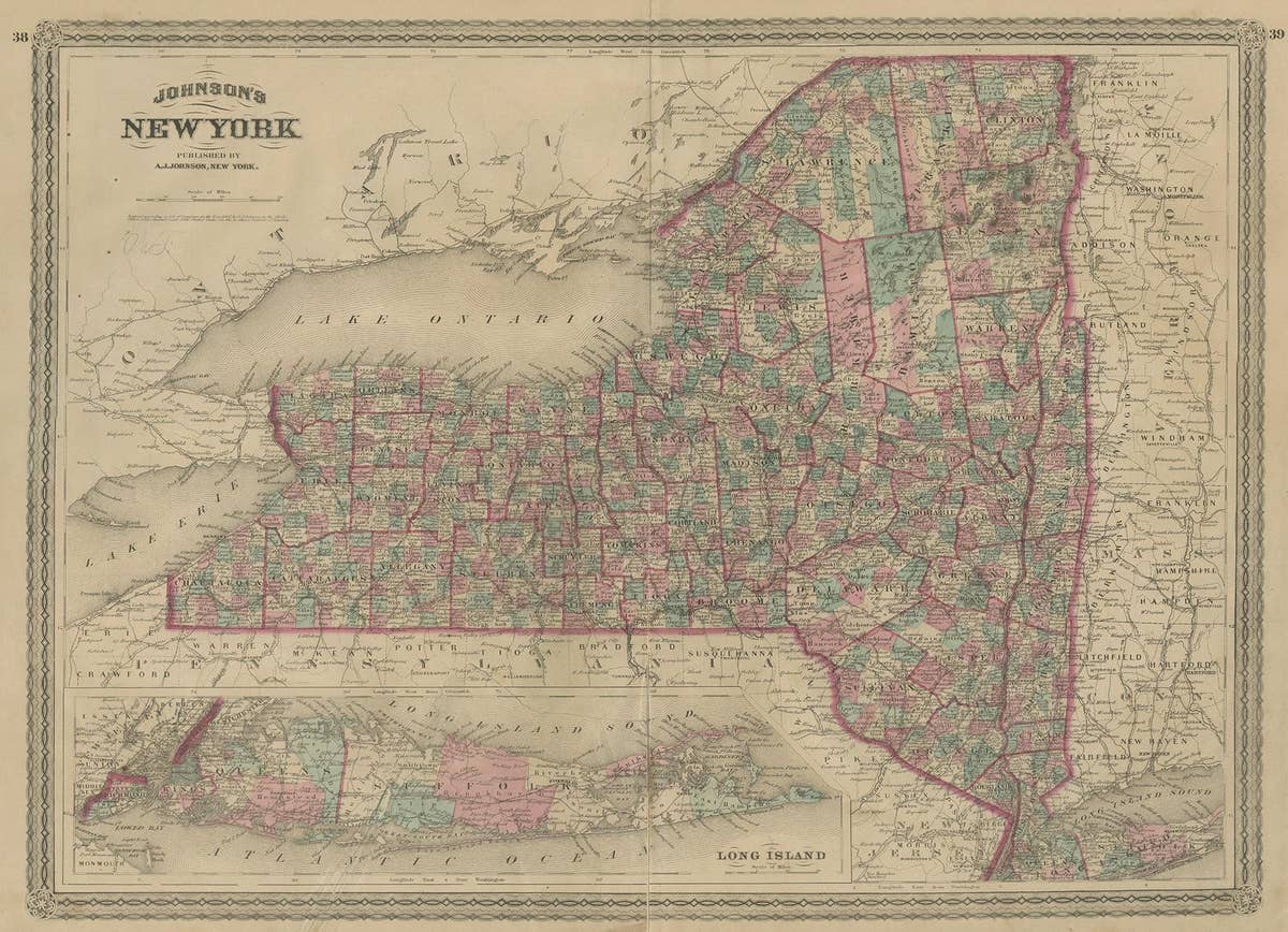 Antique Map of New York by Johnson '1872'
