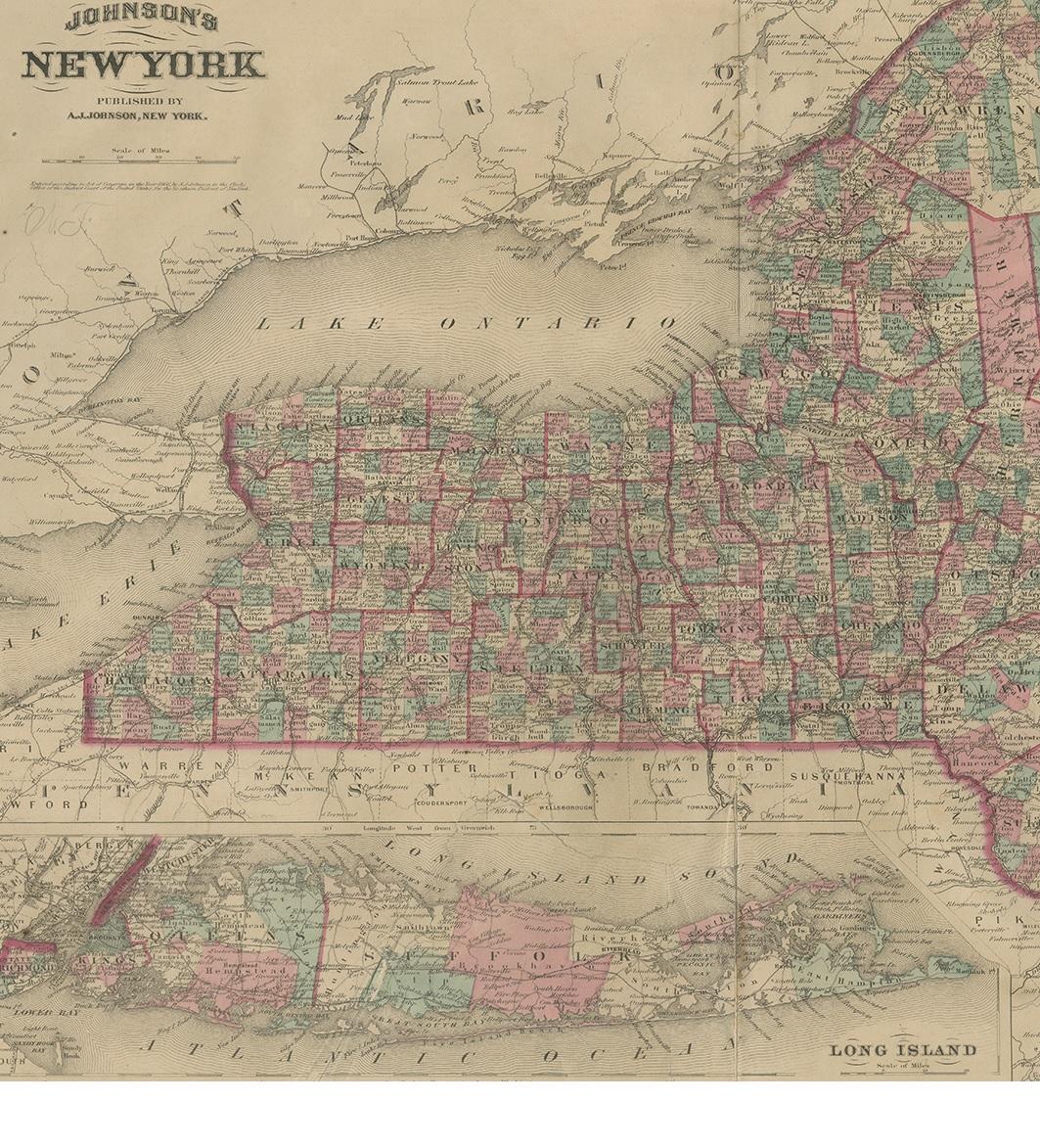 Carte ancienne de New York par Johnson '1872' État moyen - En vente à Langweer, NL