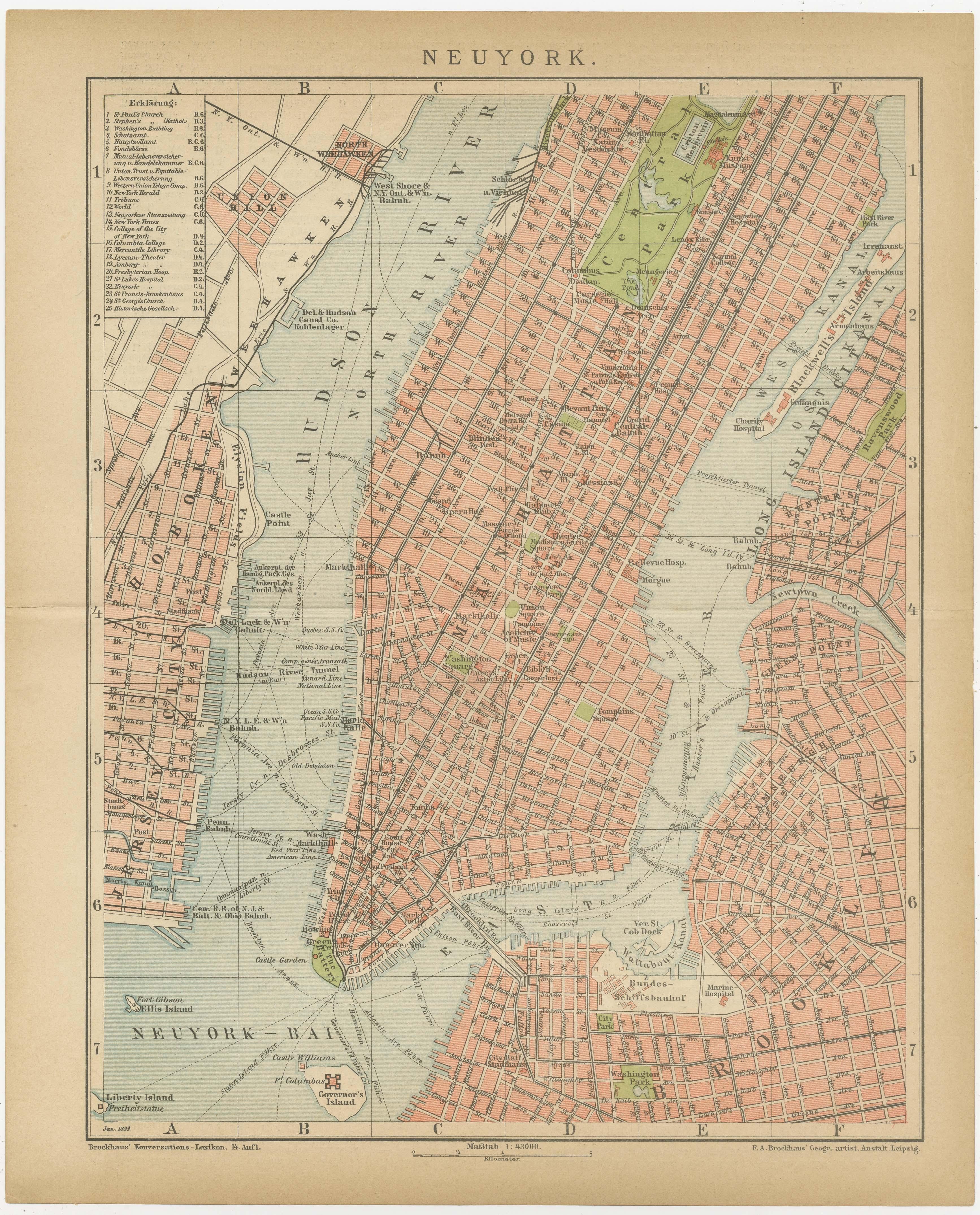 Antique map titled 'Neuyork'. Original city plan of New York, United States. Centered on Manhattan, also showing the Hudson River and East River. This print originates from the 14th edition of Brockhaus Konversations-Lexikon, published between 1896