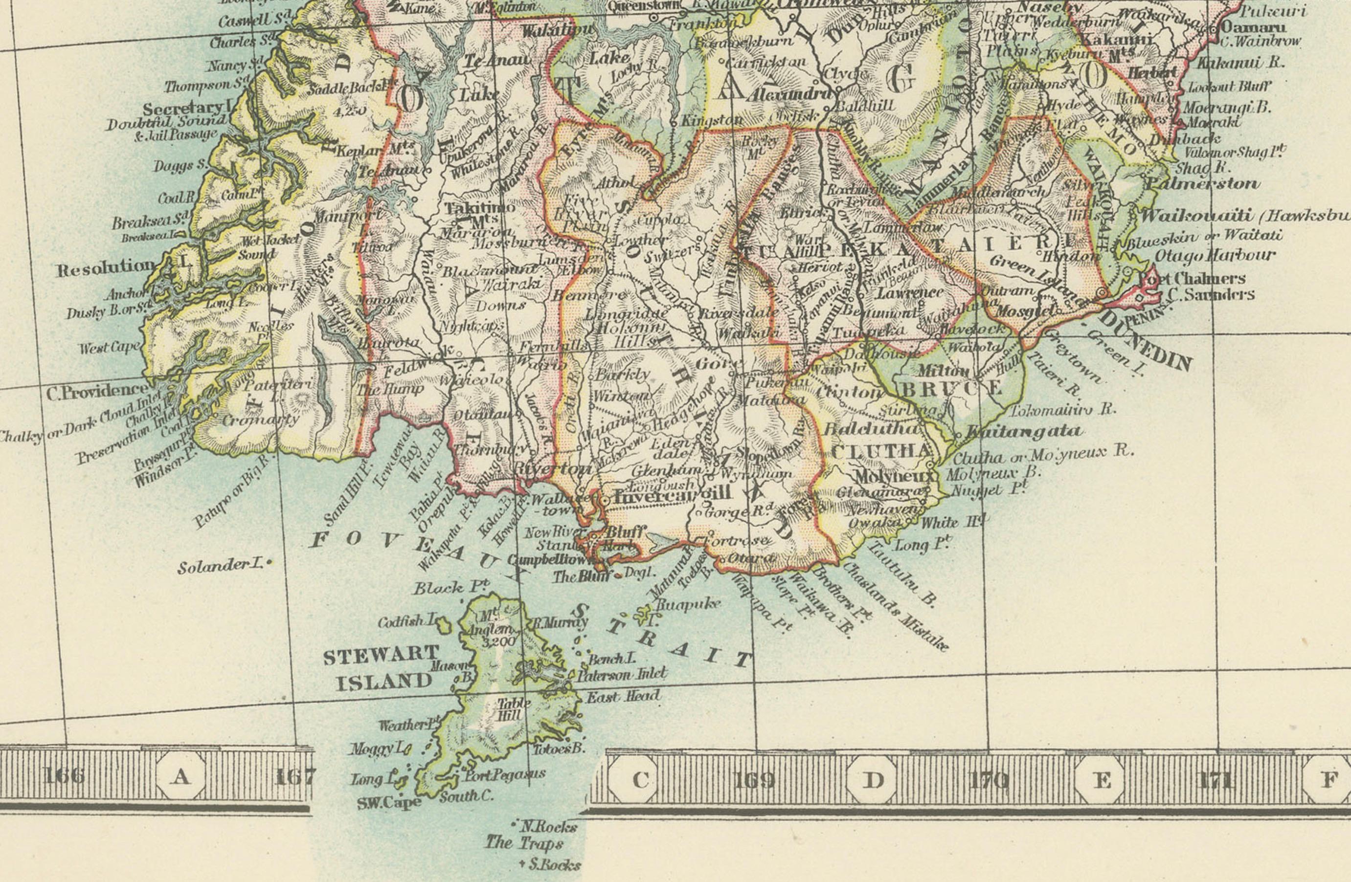 Antike Karte von Neuseeland, 1903, mit den Nord- und Südinseln und den Alpen im Angebot 5