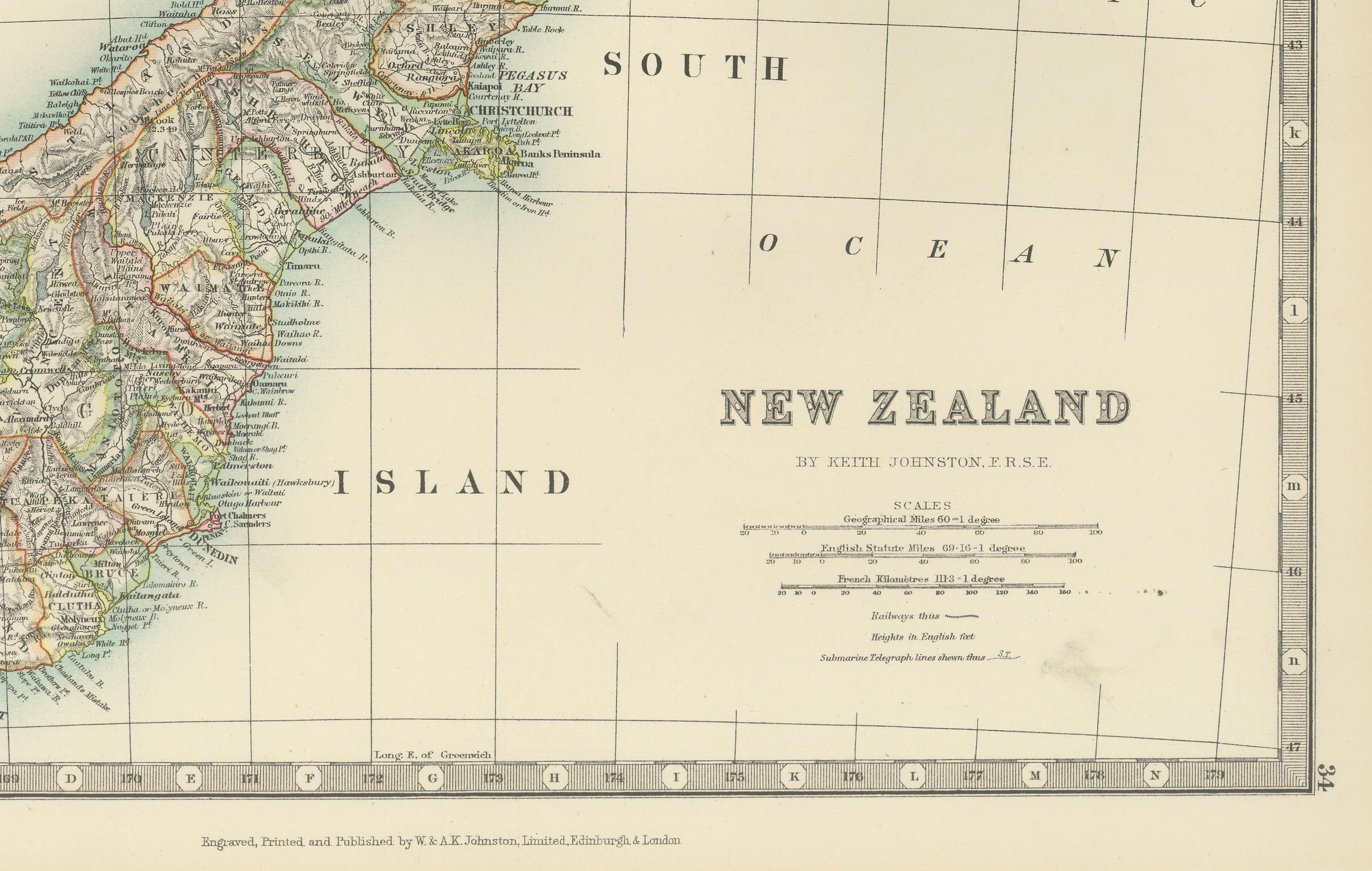 Antike Karte von Neuseeland, 1903, mit den Nord- und Südinseln und den Alpen im Angebot 6