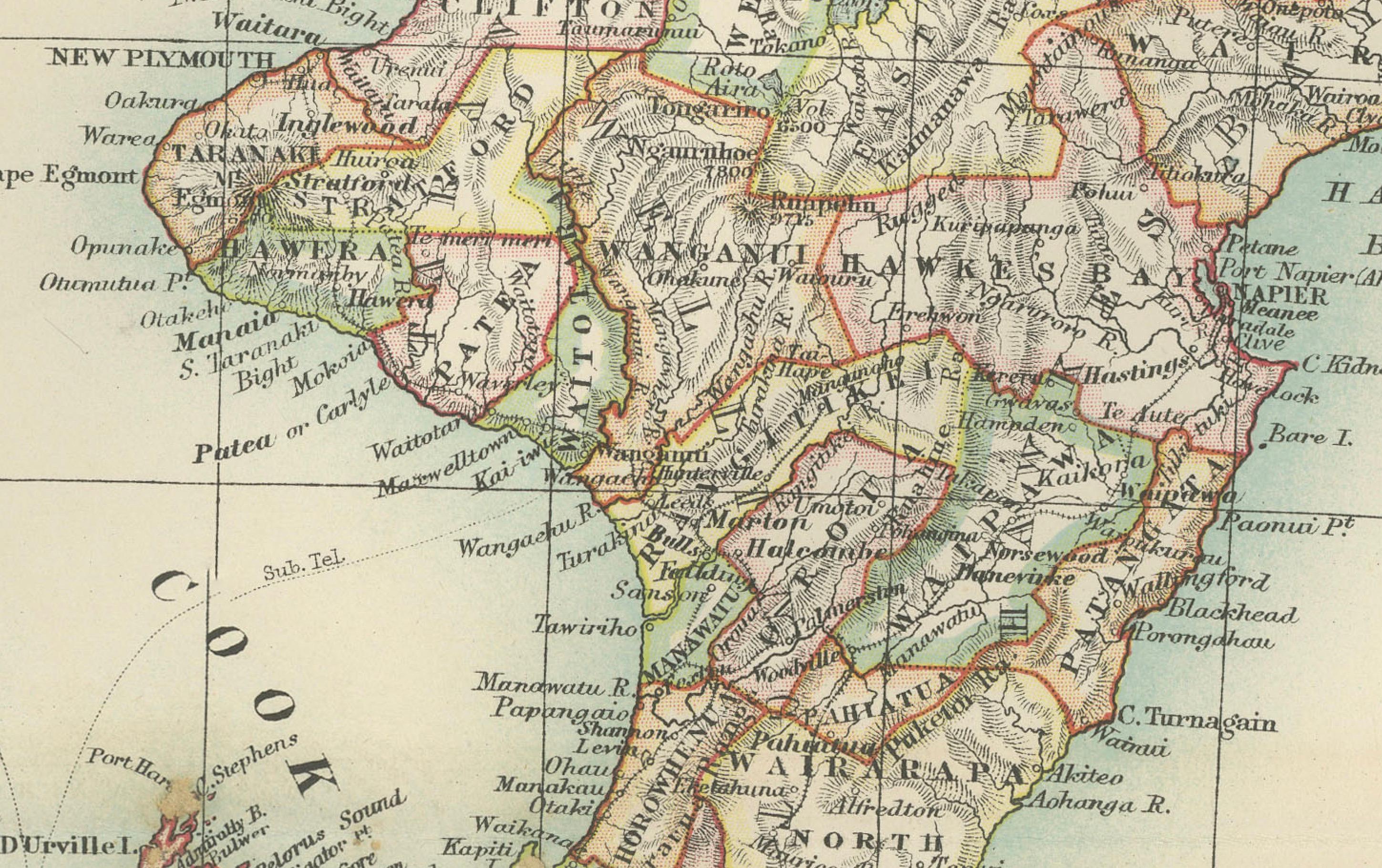 Antike Karte von Neuseeland, 1903, mit den Nord- und Südinseln und den Alpen (Papier) im Angebot