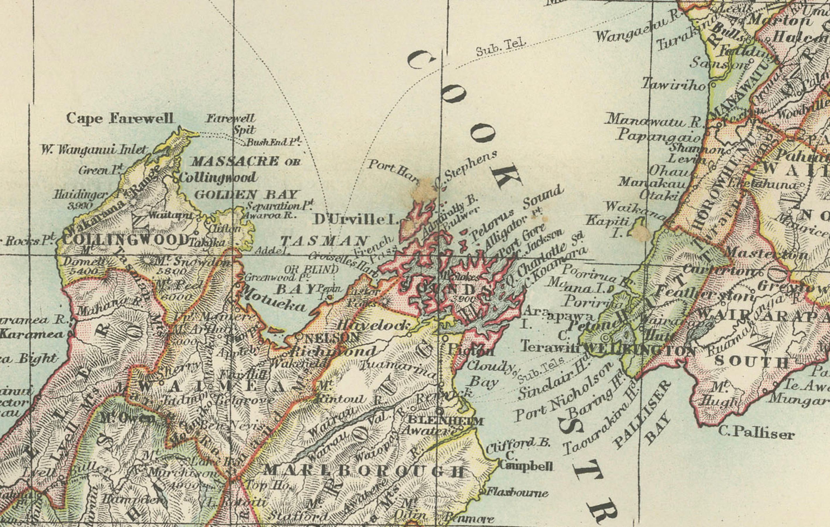 Antike Karte von Neuseeland, 1903, mit den Nord- und Südinseln und den Alpen im Angebot 2