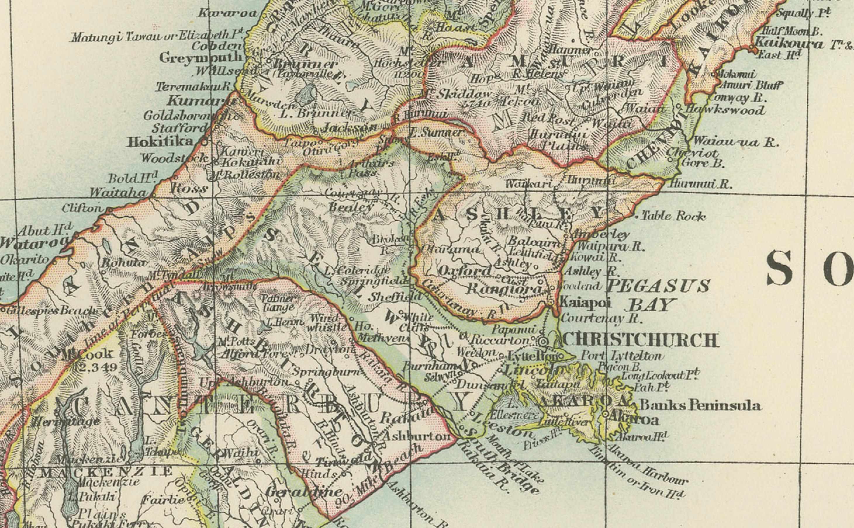 Antike Karte von Neuseeland, 1903, mit den Nord- und Südinseln und den Alpen im Angebot 3