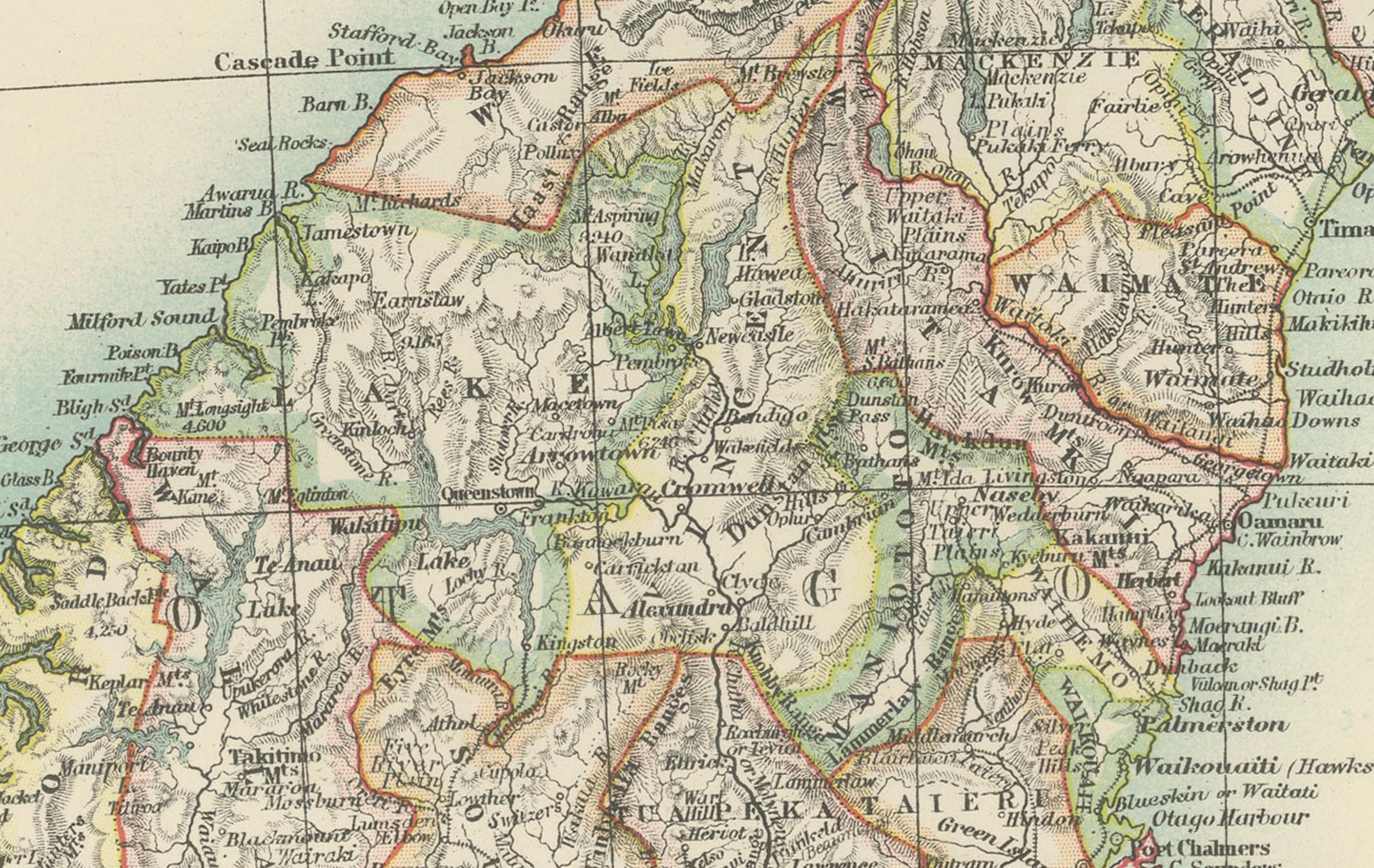 Antike Karte von Neuseeland, 1903, mit den Nord- und Südinseln und den Alpen im Angebot 4