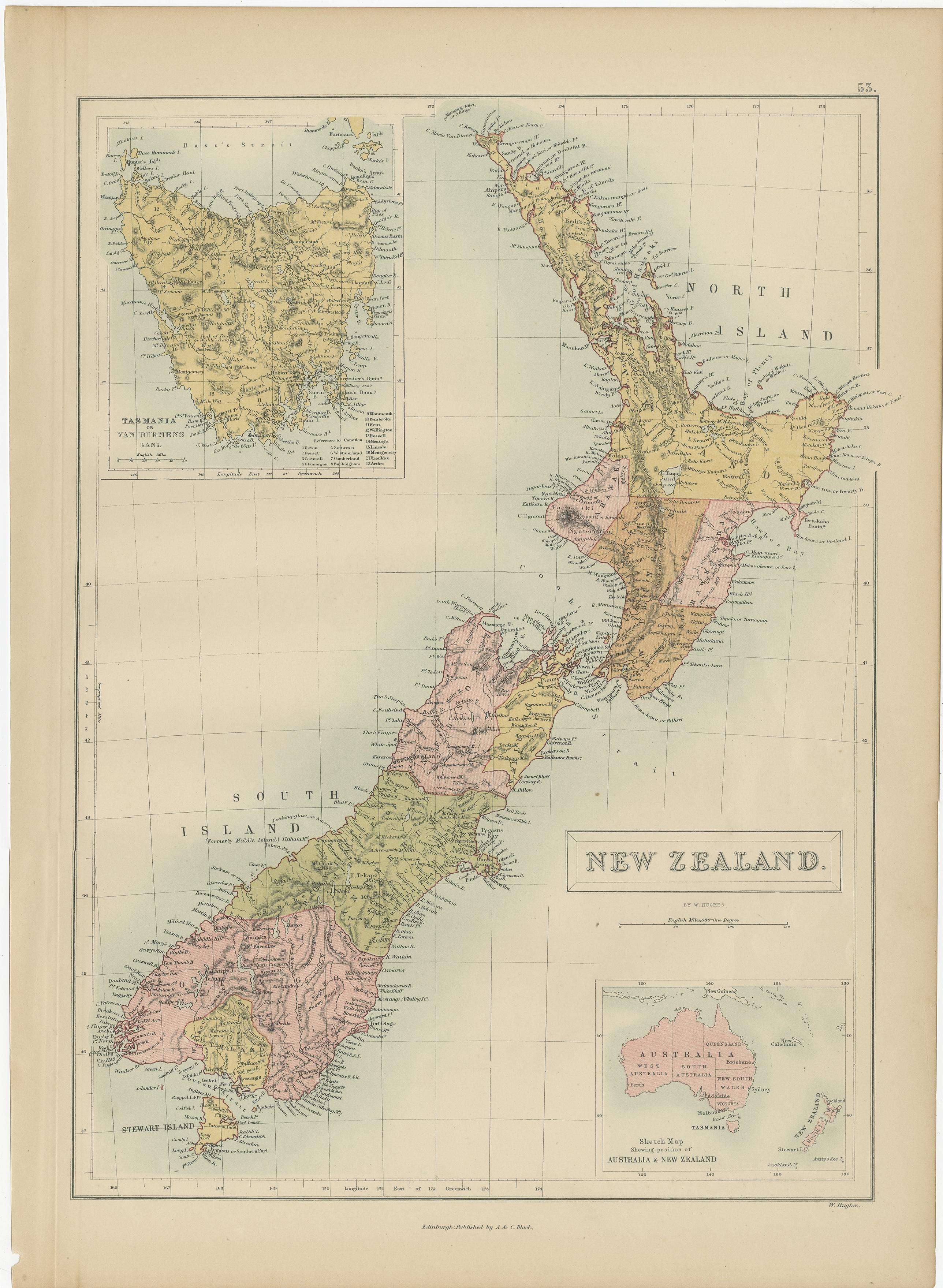 Antique map titled 'New Zealand'. Original antique map of New Zealand with inset Maps of Australia, New Zealand and Tasmania. This map originates from ‘Black's General Atlas of The World’. Published by A & C. Black, 1870.
