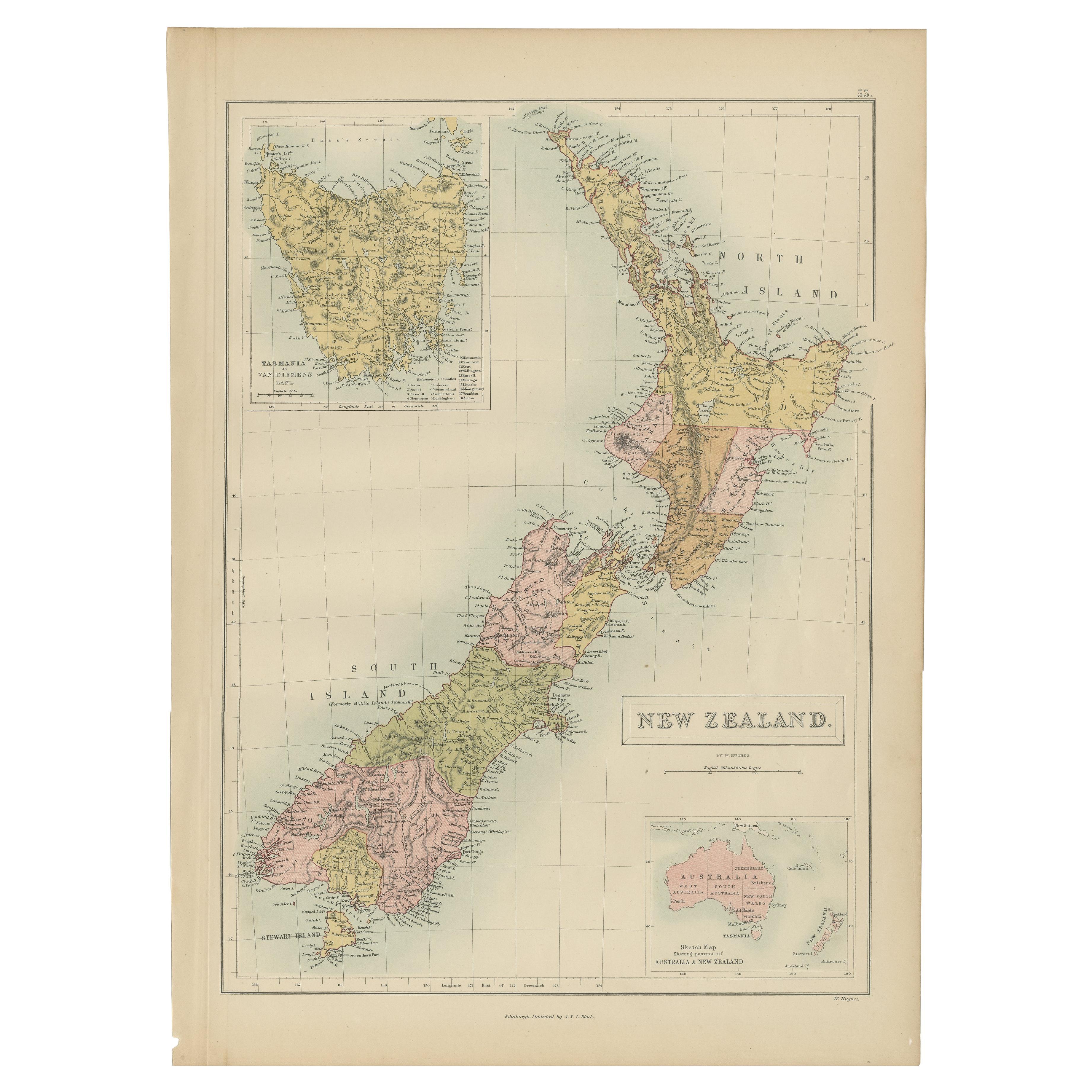 Antique Map of New Zealand by A & C. Black, 1870 For Sale