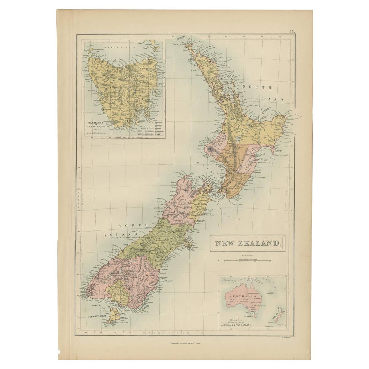 Antique Map of New Zealand by A & C. Black, 1870
