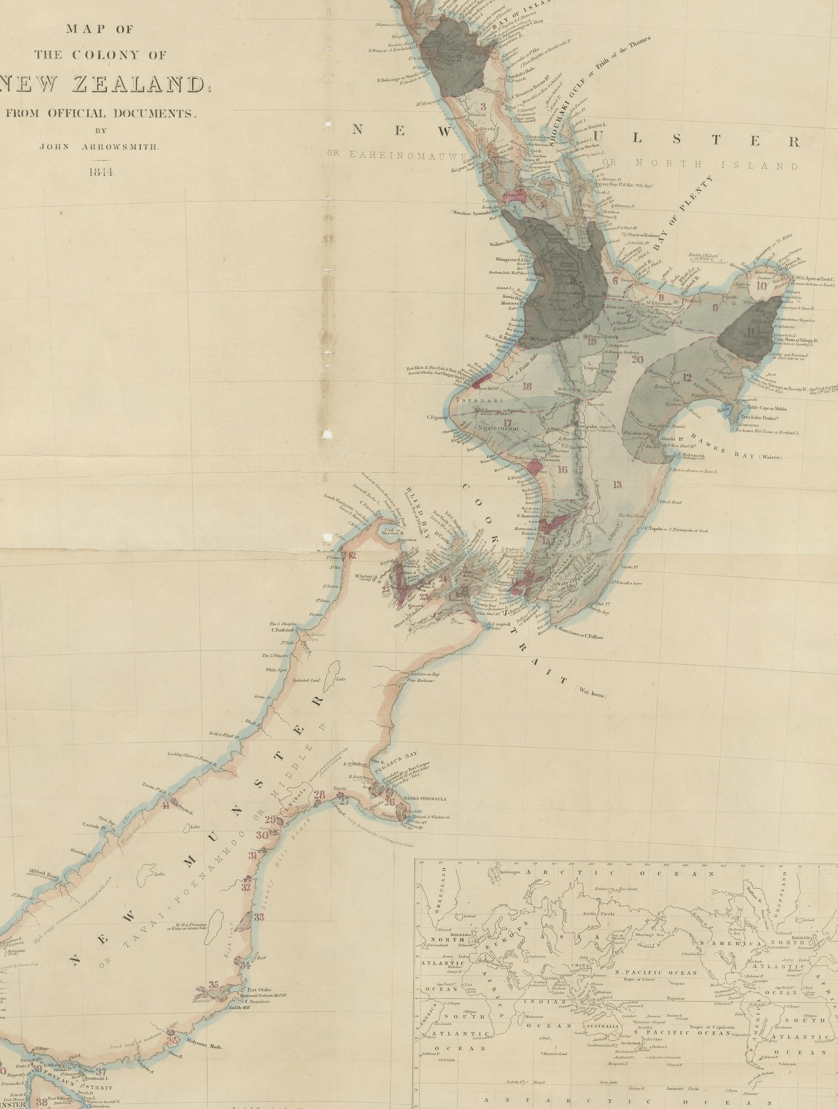 Antique map titled 'Map of the colony of New Zealand from official documents'. A scarce map of New Zealand. First issued in the 1830s, this state shows the progress in the exploration and development of New Zealand, but still pre-dates the addition