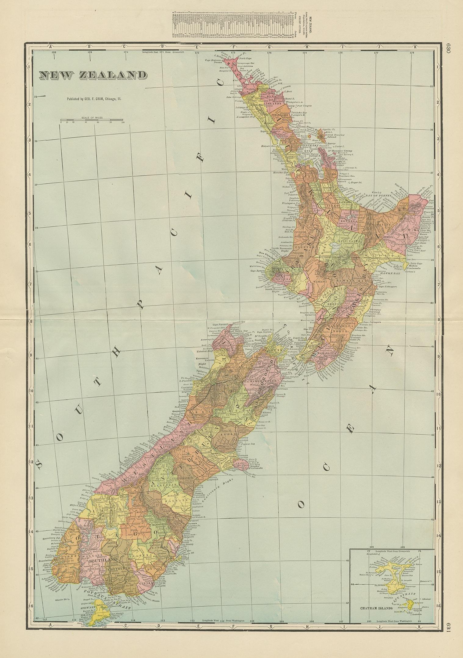 Antique map titled 'New Zealand'. Large map of New Zealand with a small legend of the Chatham Islands. On the verso, a map of the North Polar regions and a map of Tasmania can be found. Published by George F. Cram.