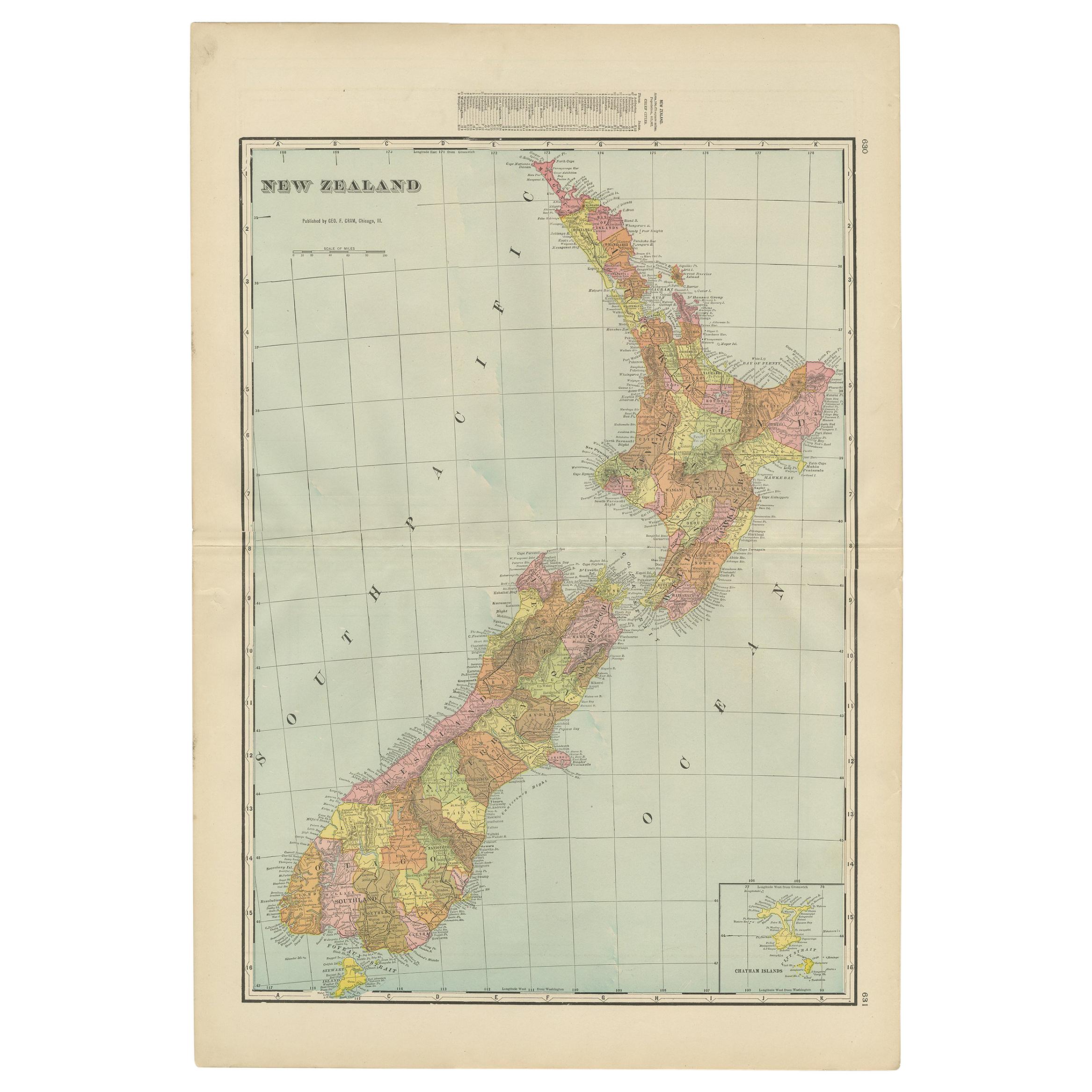 Antique Map of New Zealand by G.F. Cram, 'circa 1906'