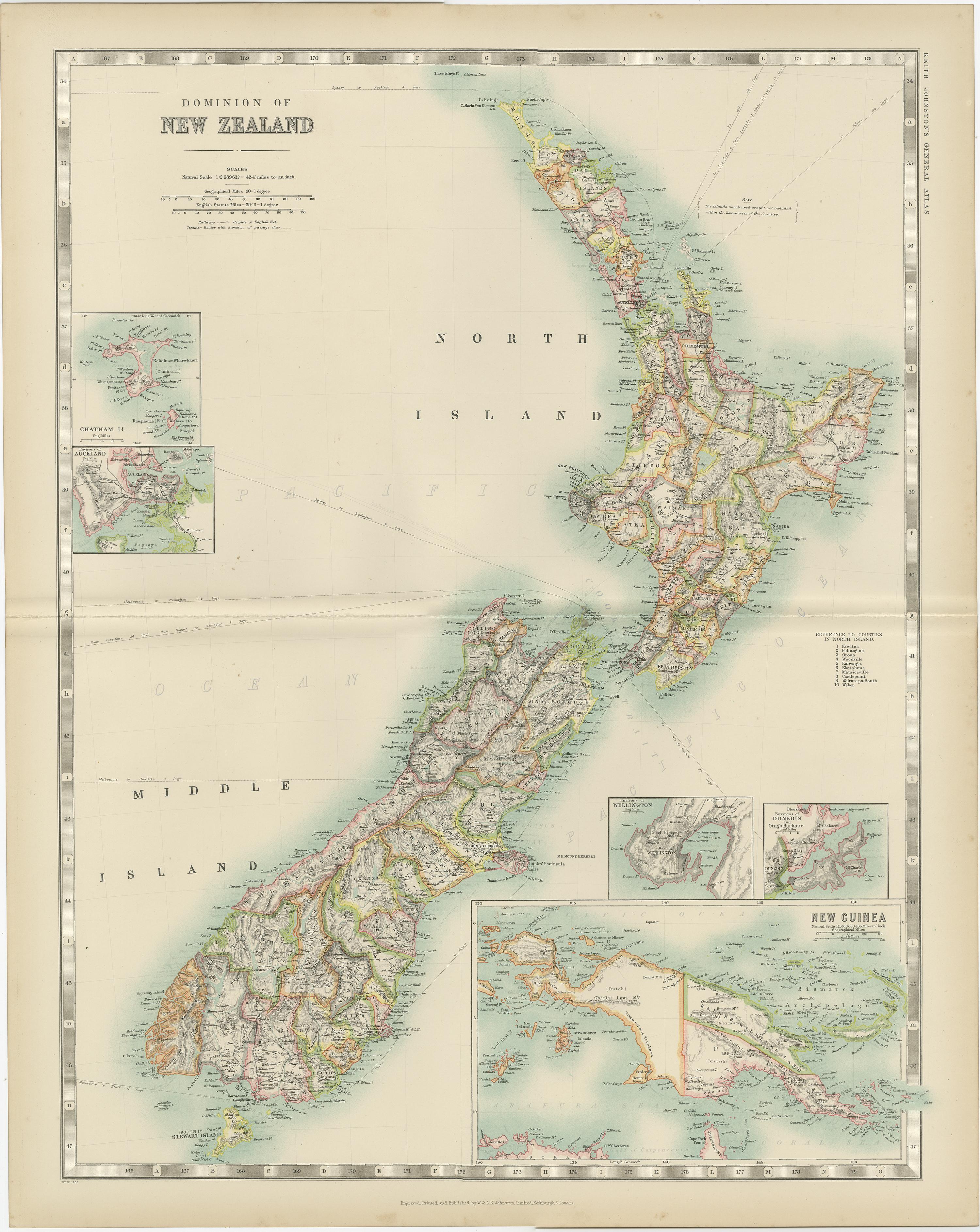20ième siècle Carte ancienne de la Nouvelle-Zélande par Johnston '1909' en vente