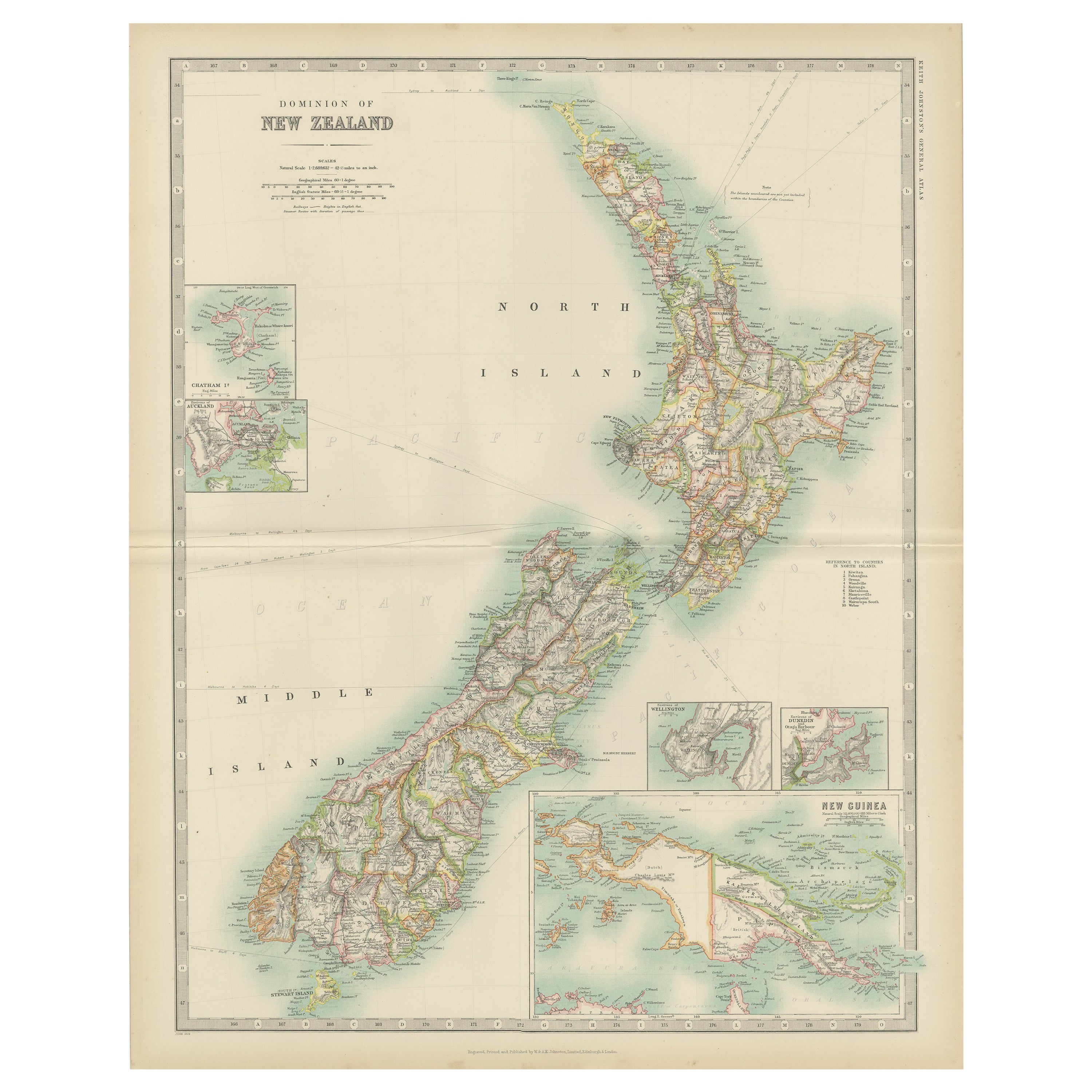 Mappa antica della Nuova Zelanda di Johnston del 1909