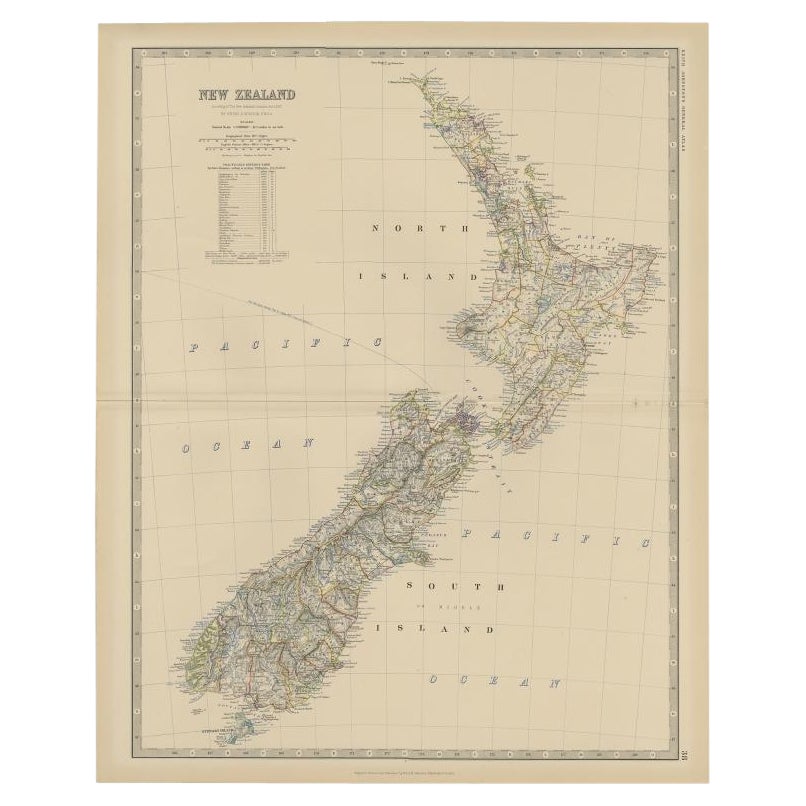 Mappa antica della Nuova Zelanda del geografo scozzese Johnston, 1882