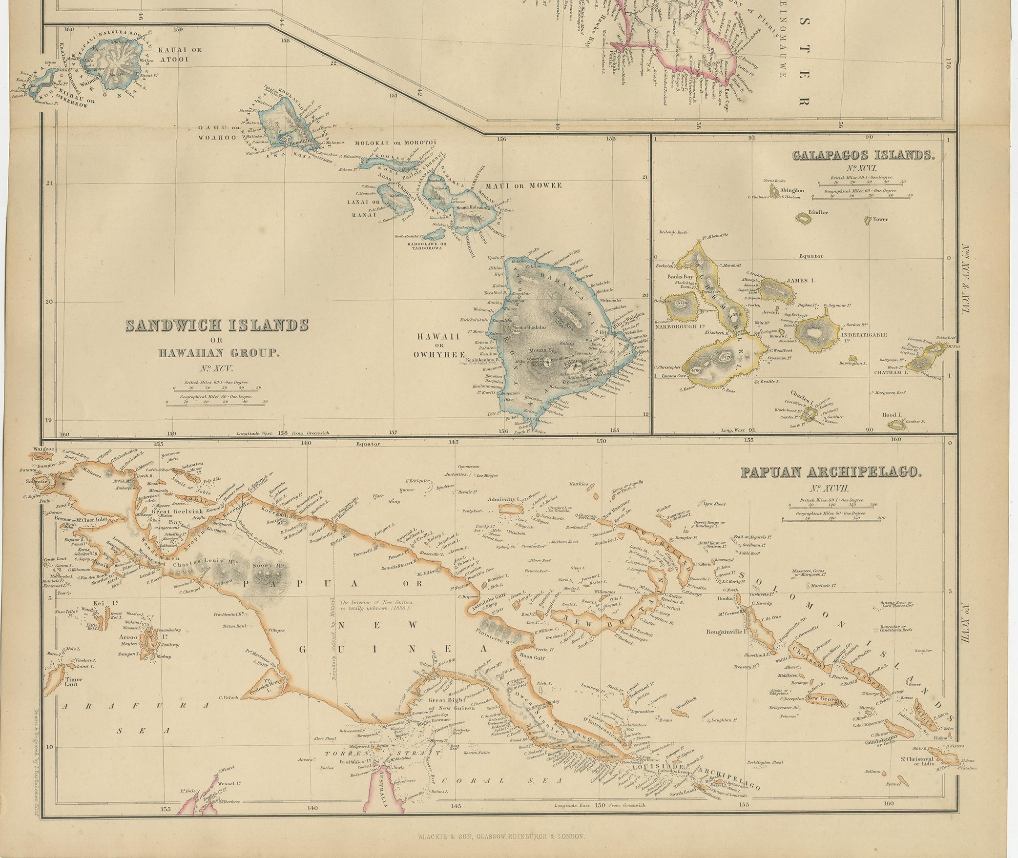 Antique map titled 'New Zealand'. Original antique map of New Zealand included map of Sandwich Islands ,Galapagos Islands and Papuan Archipelago. This map originates from ‘The Imperial Atlas of Modern Geography’. Published by W. G. Blackie, 1859.