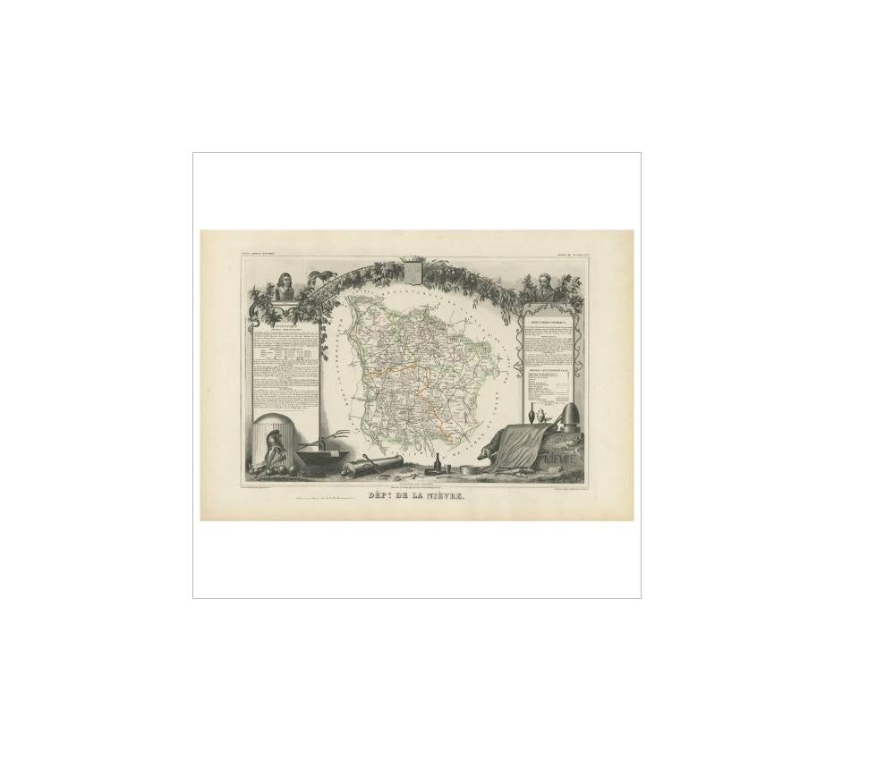 Antique map titled 'Dépt. de la Nièvre'. Map of the French department of Nievre, France. Part of the prestiegous Burgundy or Bourgogne wine region this area is known for its production of Pouilly Fumé, a white wine. The word “fumé” is French for