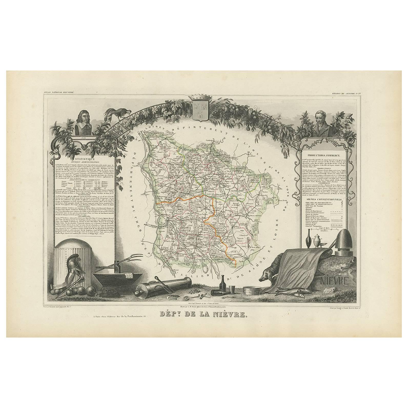 Antique Map of Nièvre ‘France’ by V. Levasseur, 1854 For Sale