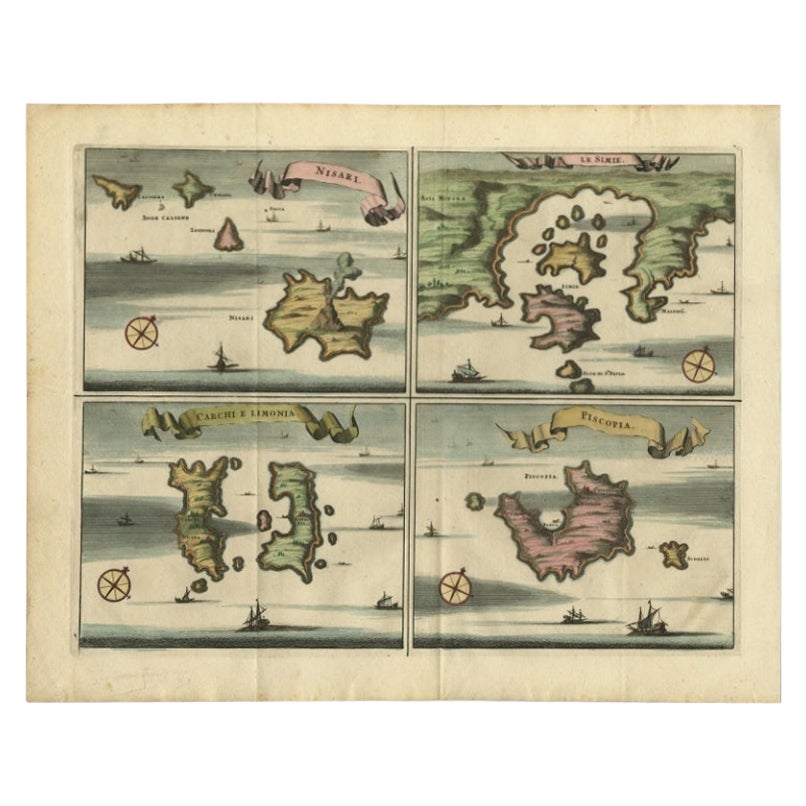 Mapa antiguo de Nisari, Le Simie, Carchi Elimoia y Piscopia, Grecia, 1687