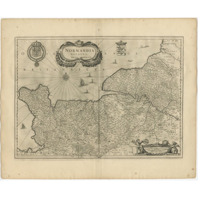 Antike Karte von Frankreich mit dem Titel 'Normandia Ducatus'. Dekorative Karte der Normandie, mit dekorativer Kartusche, Segelschiffen und Windrose. Diese Karte stammt aus dem 