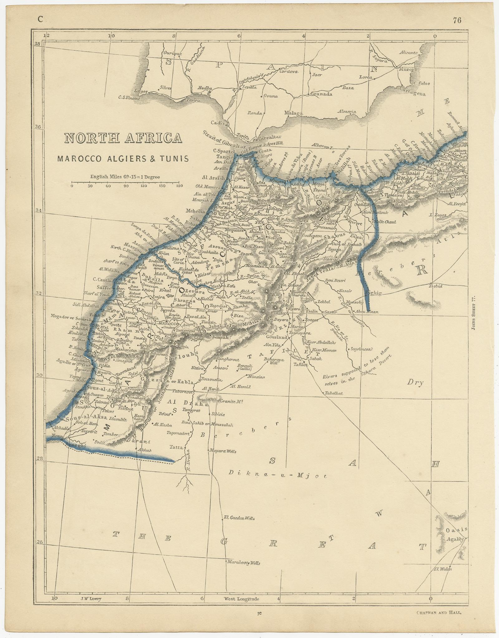 Antique map titled 'North Africa Marocco Algiers & Tunis'. Two individual sheets of North Africa. This map originates from 'Lowry's Table Atlas constructed and engraved from the most recent Authorities' by J.W. Lowry. Published 1852.