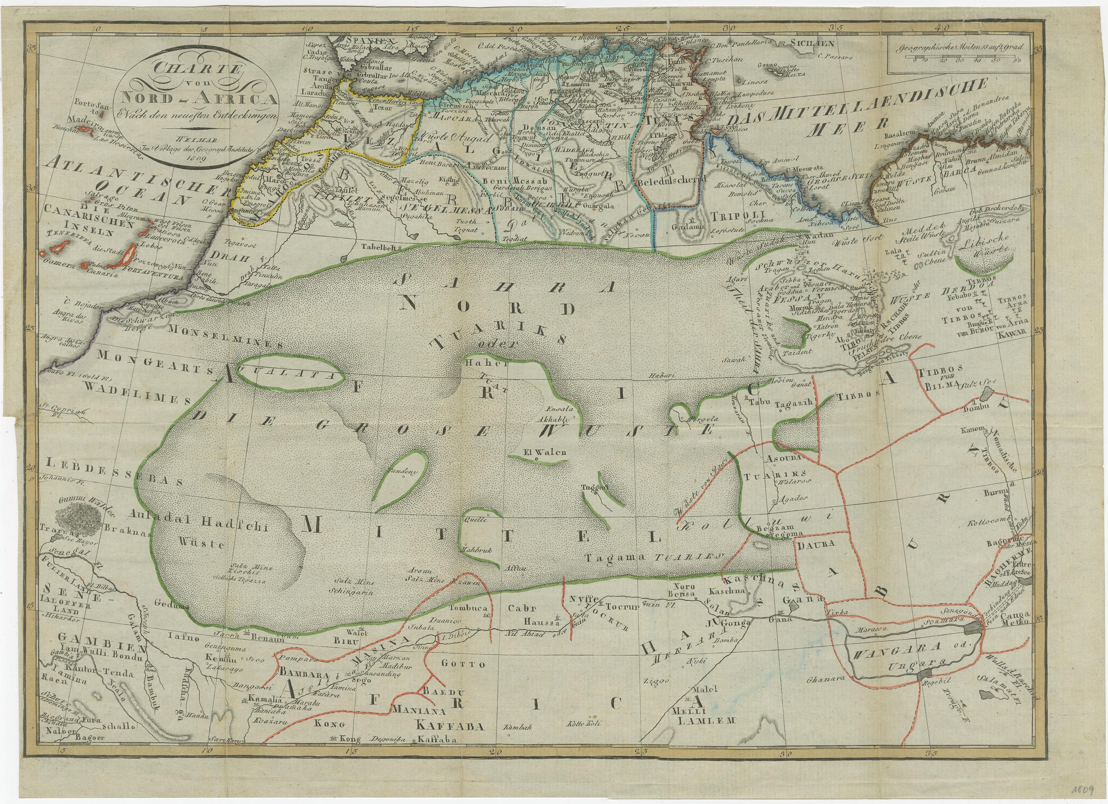 Carte ancienne d'Afrique du Nord, y compris le désert du Sahara État moyen - En vente à Langweer, NL