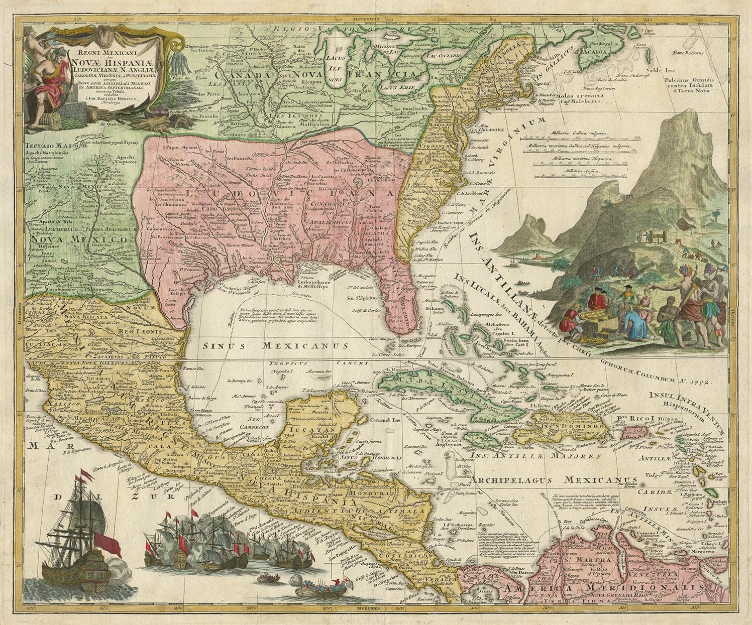 Antique map titled 'Regni Mexicani seu Nova Hispaniae Ludovicianus, N. Angliae, Carolinae, Virginiae et Pensylvaniae (..)'. This superb map covers the region from the Great Lakes and Nova Scotia through Central America, the Caribbean and Venezuela,