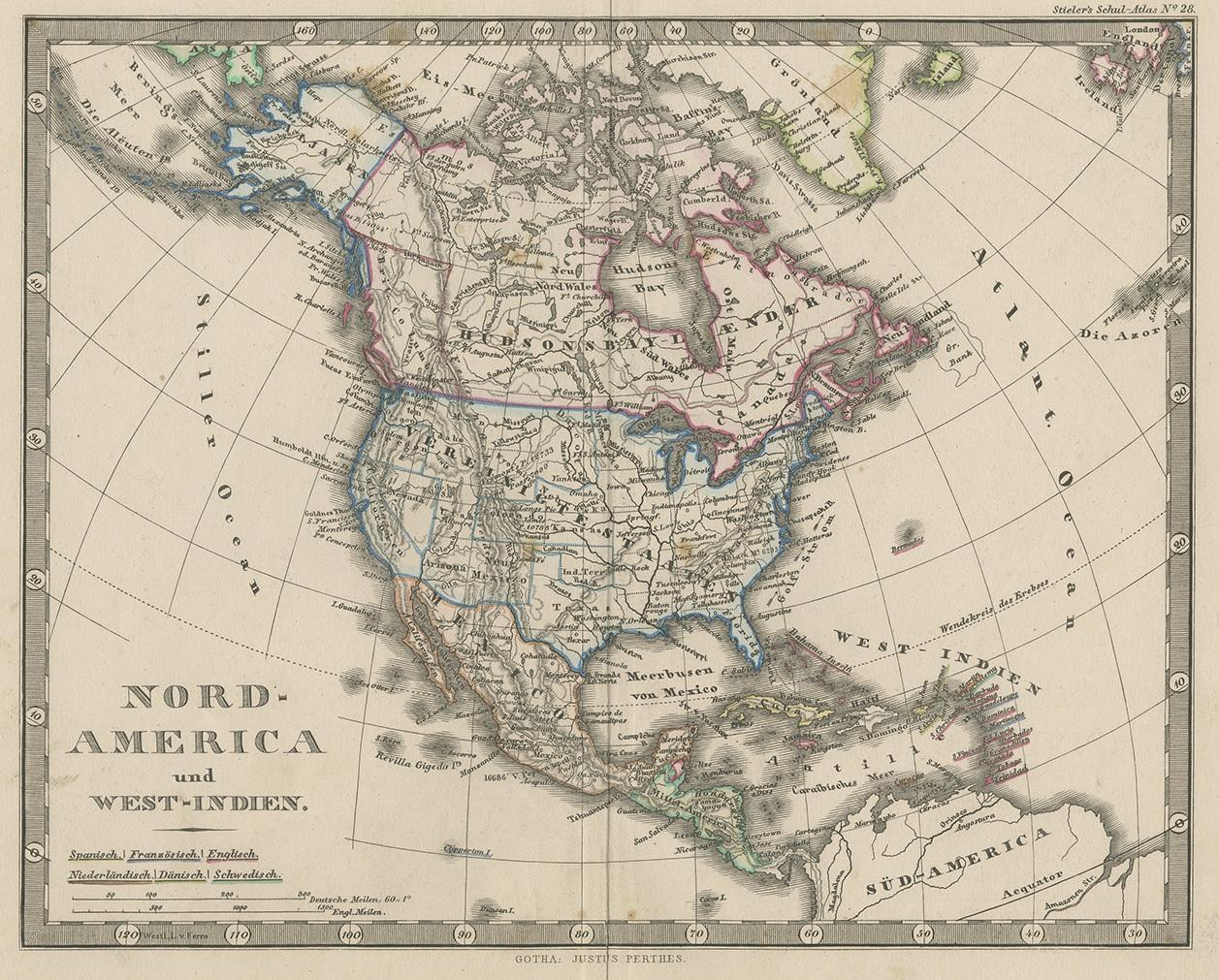 Antique map titled 'Nord-America und West-Indien'. Old map of North America and the West Indies. This map originates from Stieler's 'Schul-Atlas'.