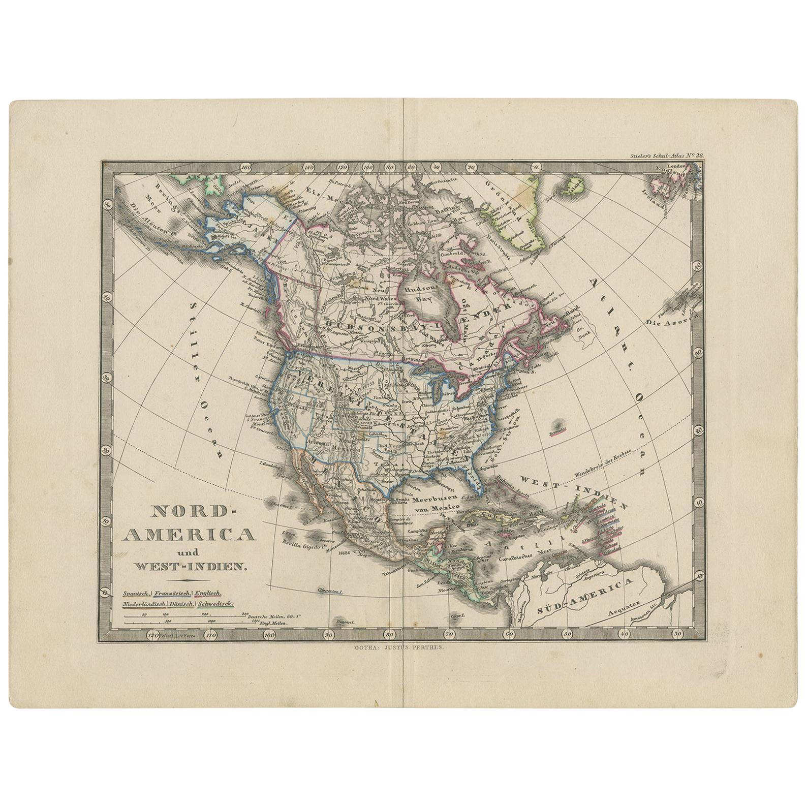 Antike Karte von Nordamerika und Westindischen Inseln von Stieler, um 1865