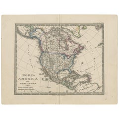 Carte ancienne d'Amérique du Nord et des Indes occidentales par Stieler, vers 1865