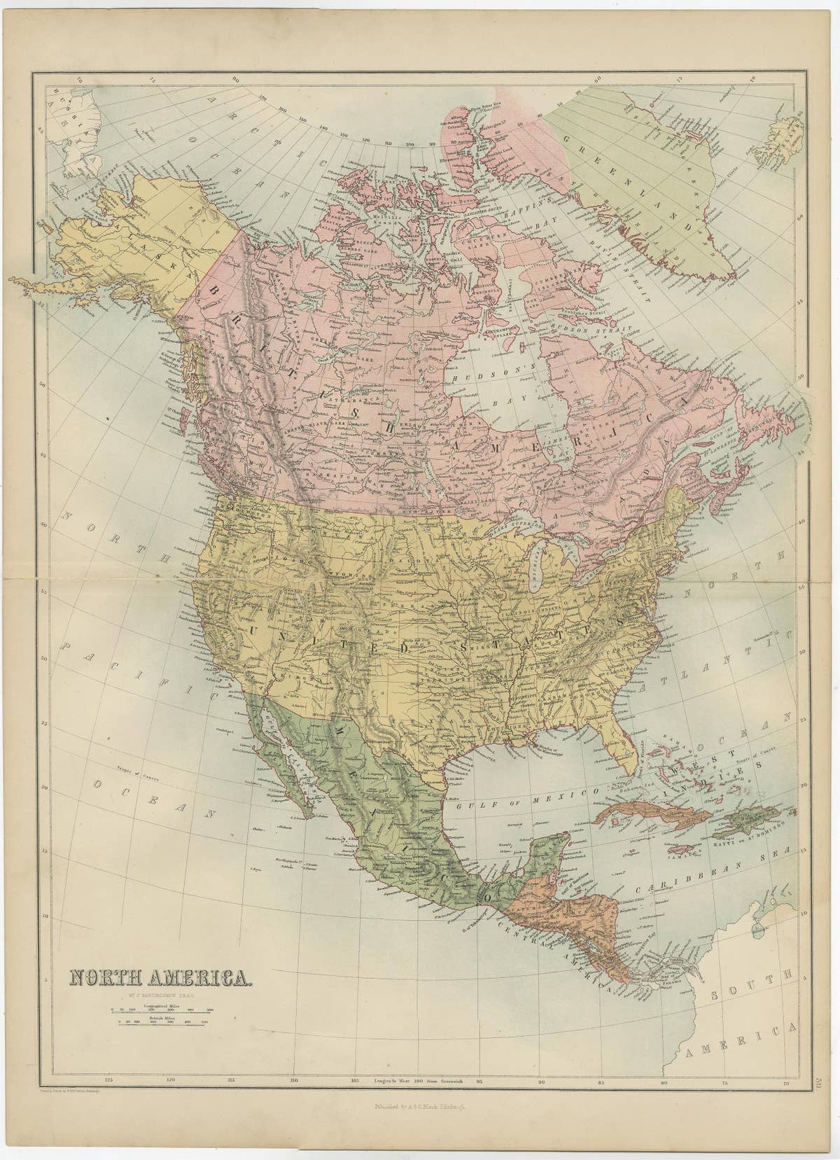 Antique Map of North America by A & C. Black, 1870