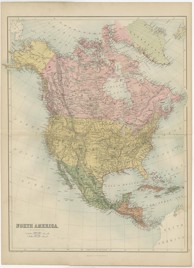Antique Map of North America by A and C. Black, 1870 For Sale at 1stDibs