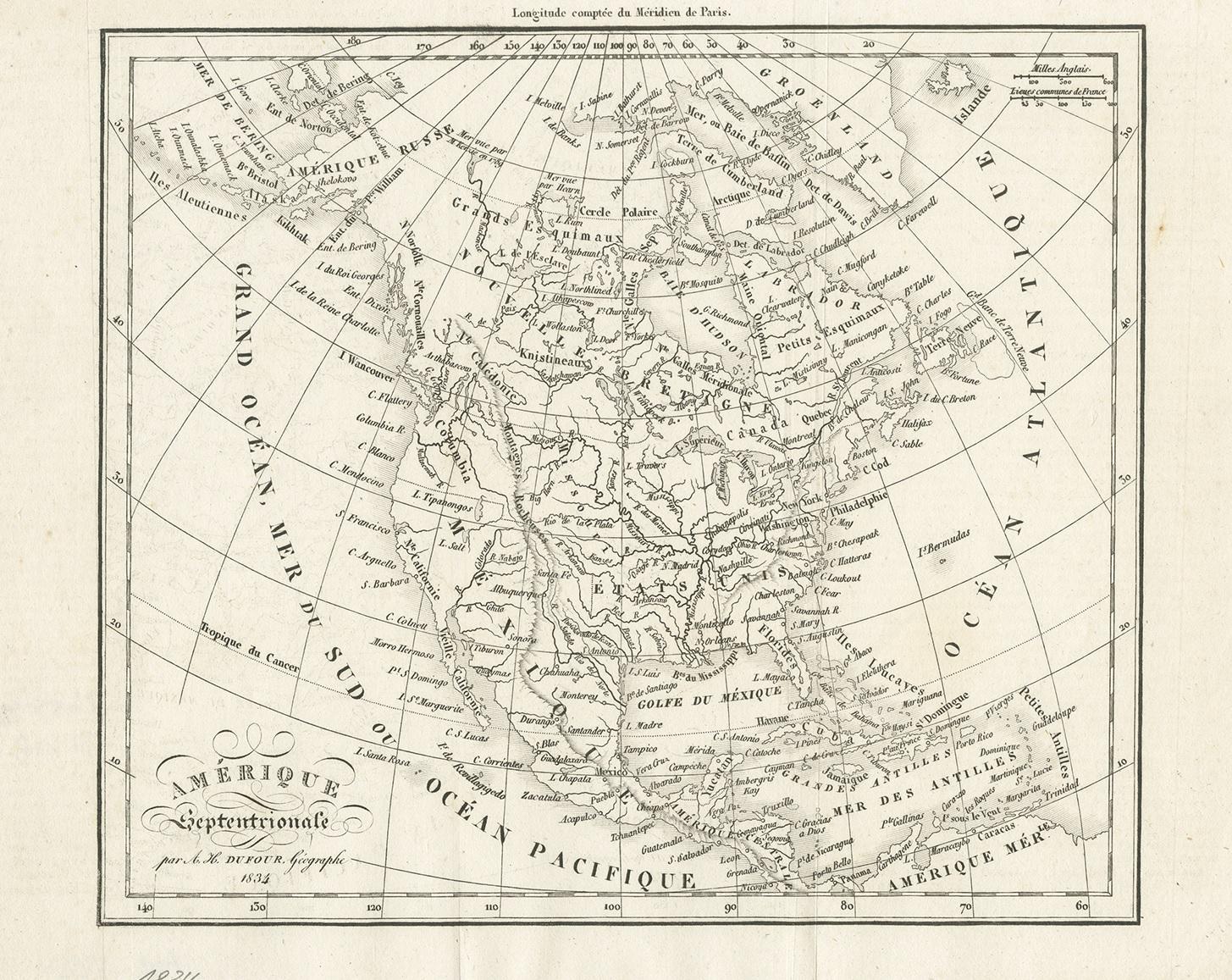 Antike Karte mit dem Titel 'Amérique Septentrionale'. Ungewöhnliche Karte von Nordamerika. Veröffentlicht von oder nach A.H. Dufour, um 1834. Quelle unbekannt, muss noch ermittelt werden.