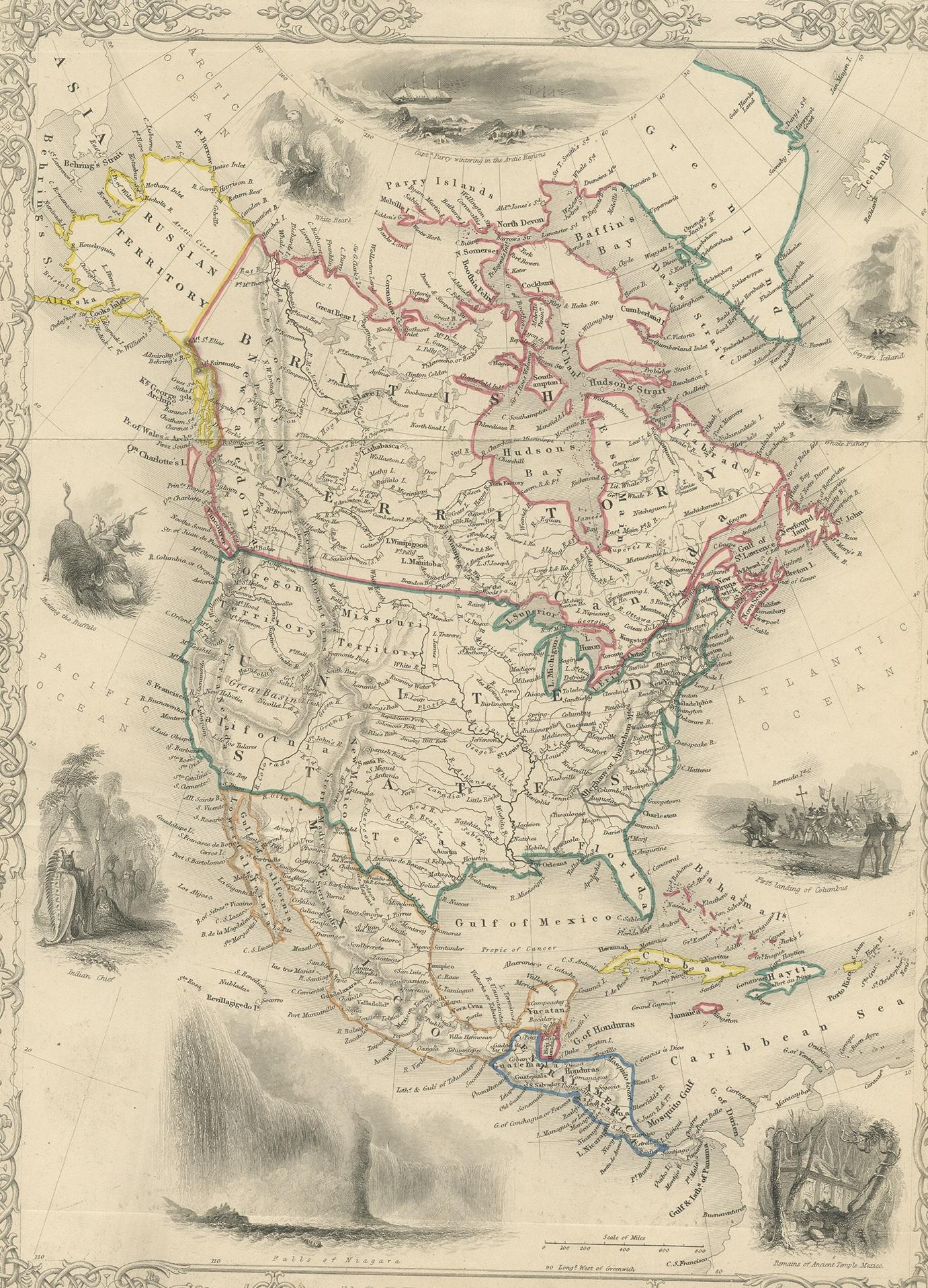 Steel engraving of North America with original outline color. With decorative vignettes including White Bears, Capt. Parry Wintering in the Artic Regions, Whale Fishery, First Landing of Columbus, Remains of Ancient Temple, Mexico, Falls of Niagara,