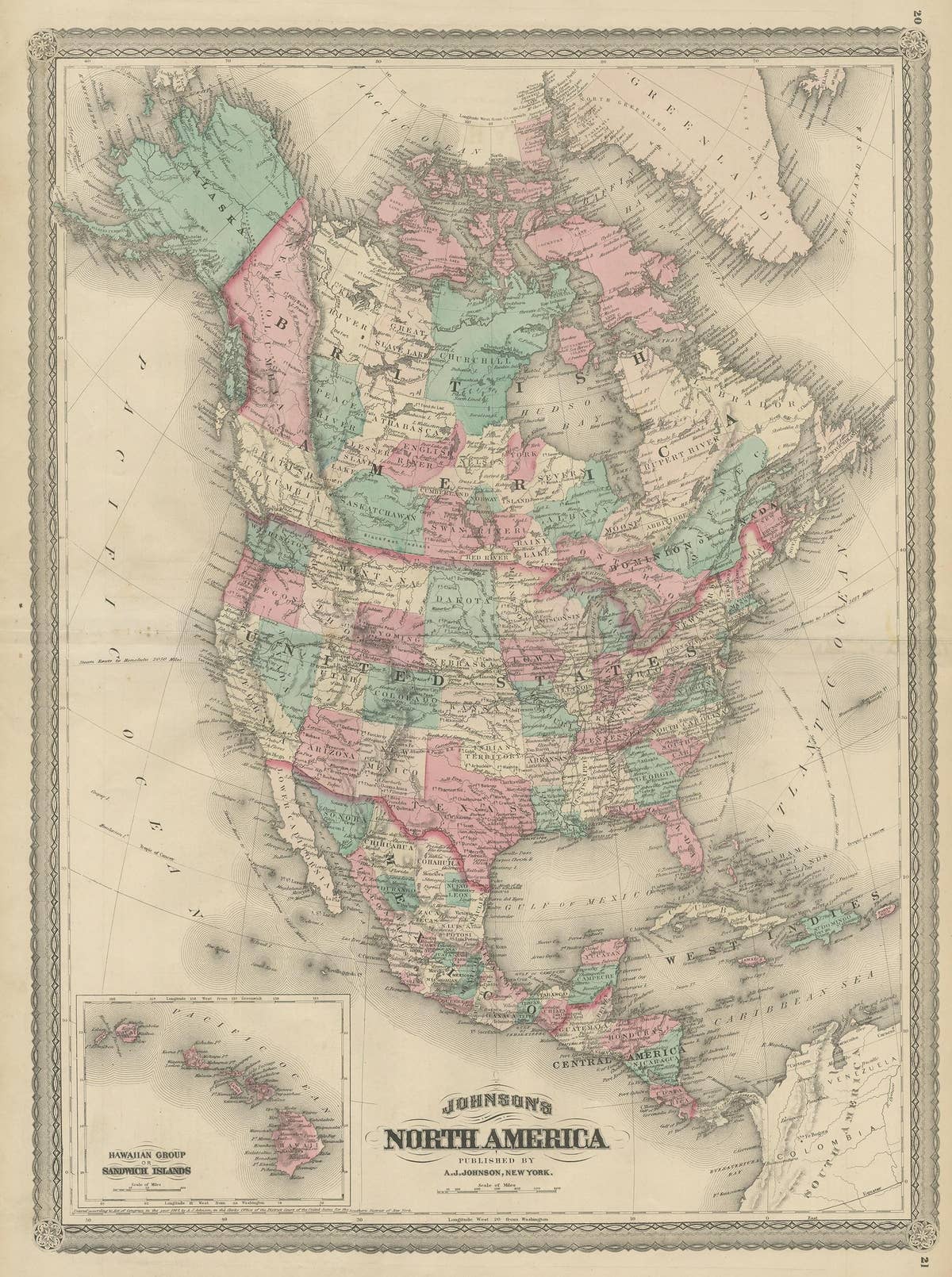 Antique Map of North America by Johnson, '1872'