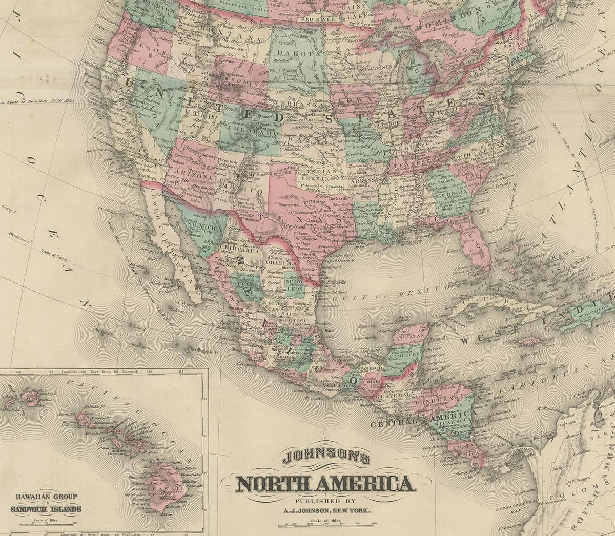 Antique Map of North America by Johnson, '1872'