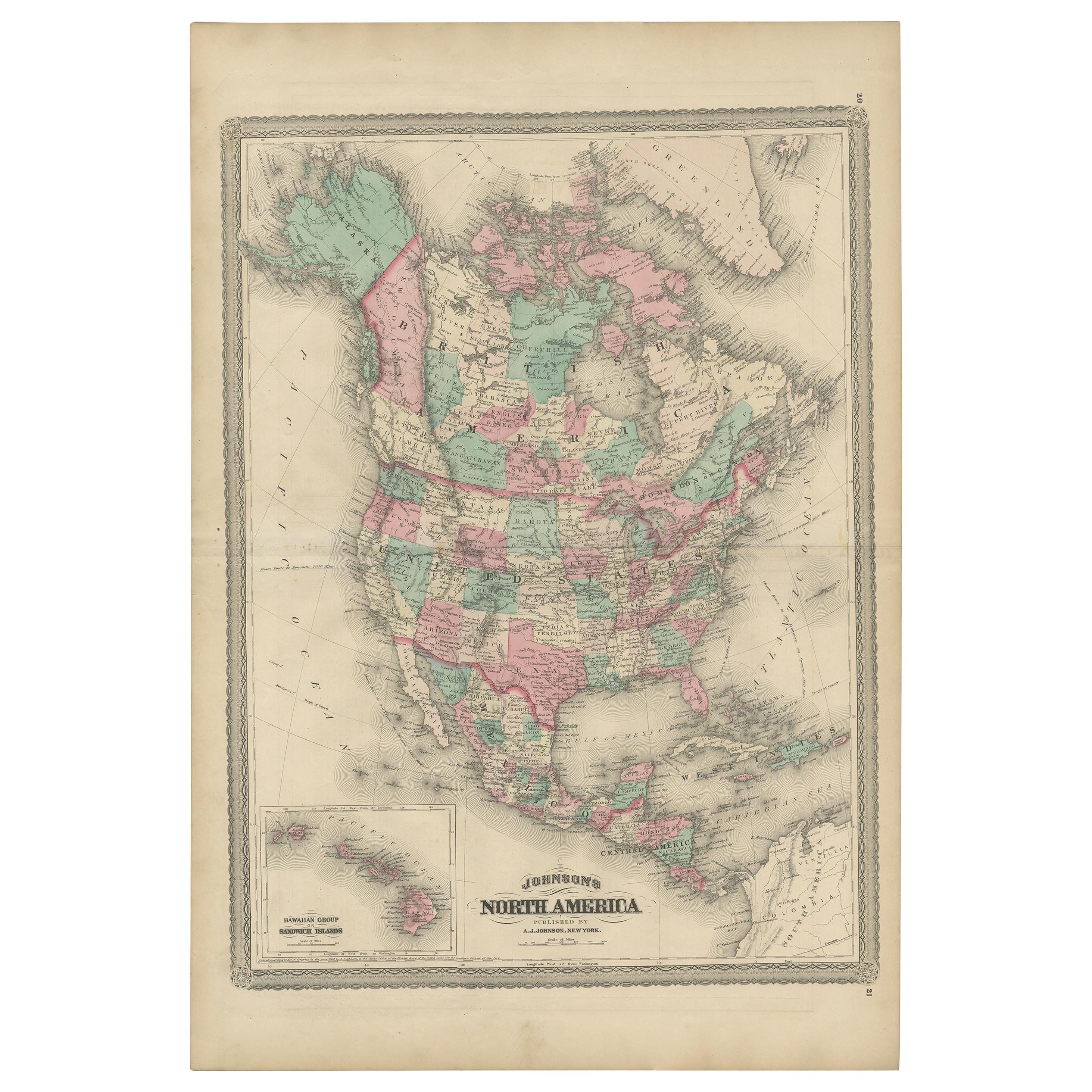 Antique Map of North America by Johnson, '1872' For Sale