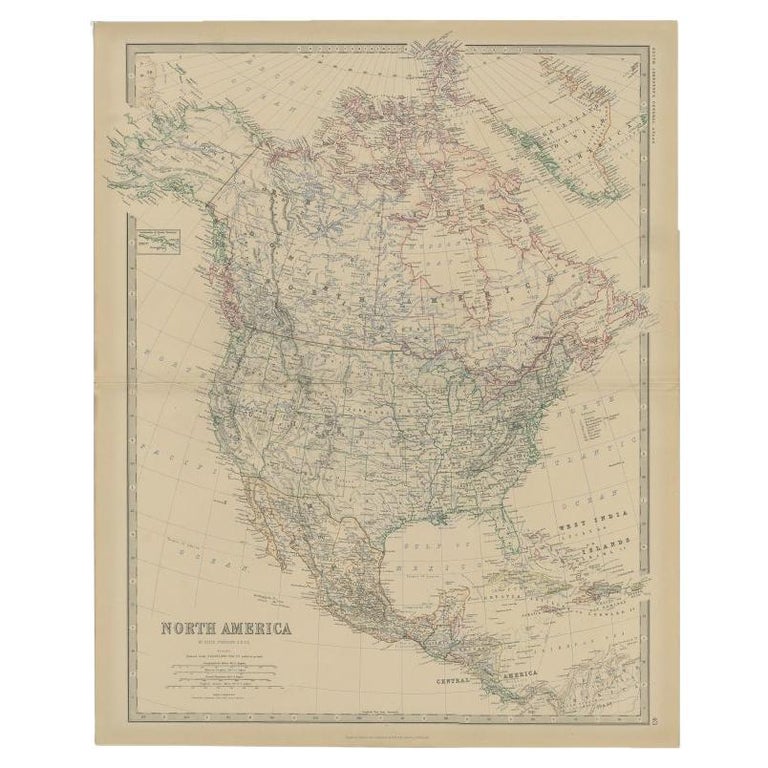 Antique Map of North America by Johnston, 1882 For Sale at 1stDibs