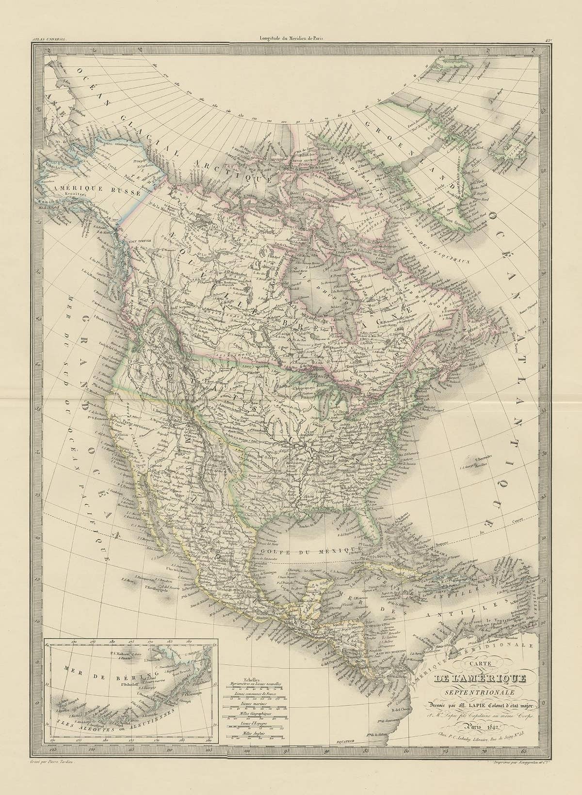 Antique Map of North America by Pierre M. Lapie, Paper, France, 1842
