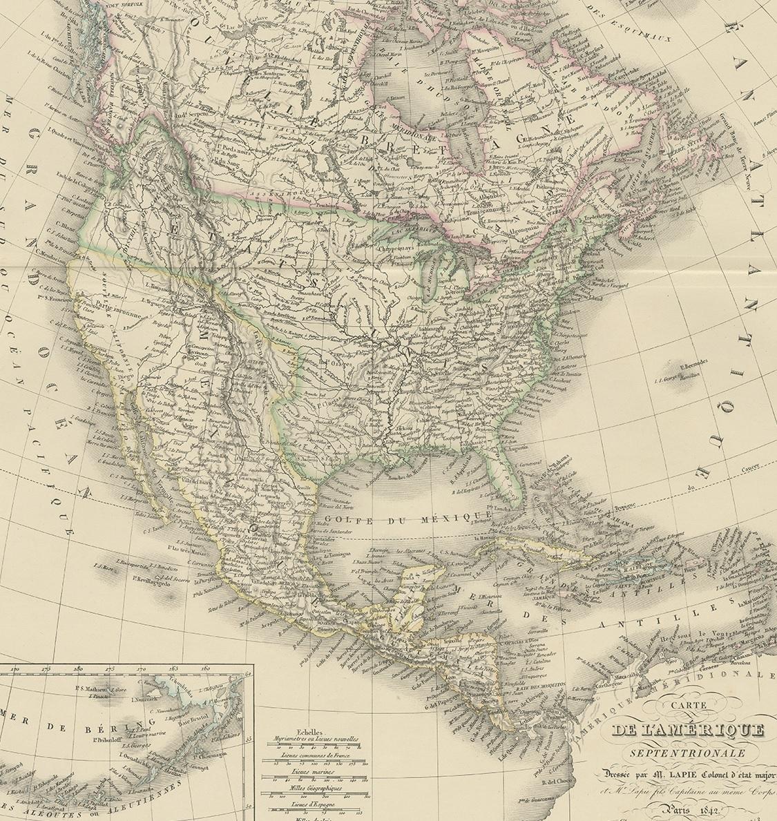 19th Century Antique Map of North America by Lapie '1842' For Sale