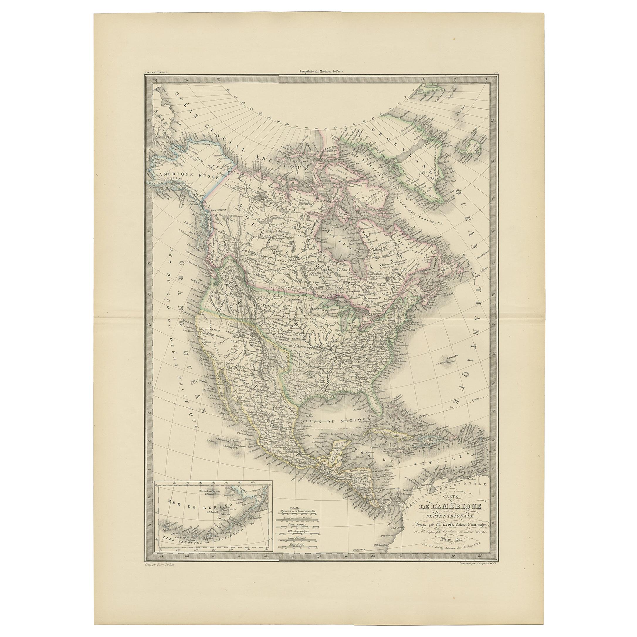 Antique Map of North America by Lapie '1842' For Sale