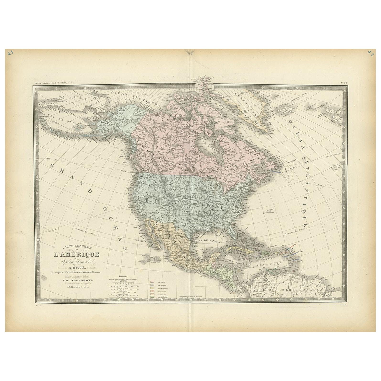 Mapa antiguo de América del Norte por Levasseur '1875 en venta