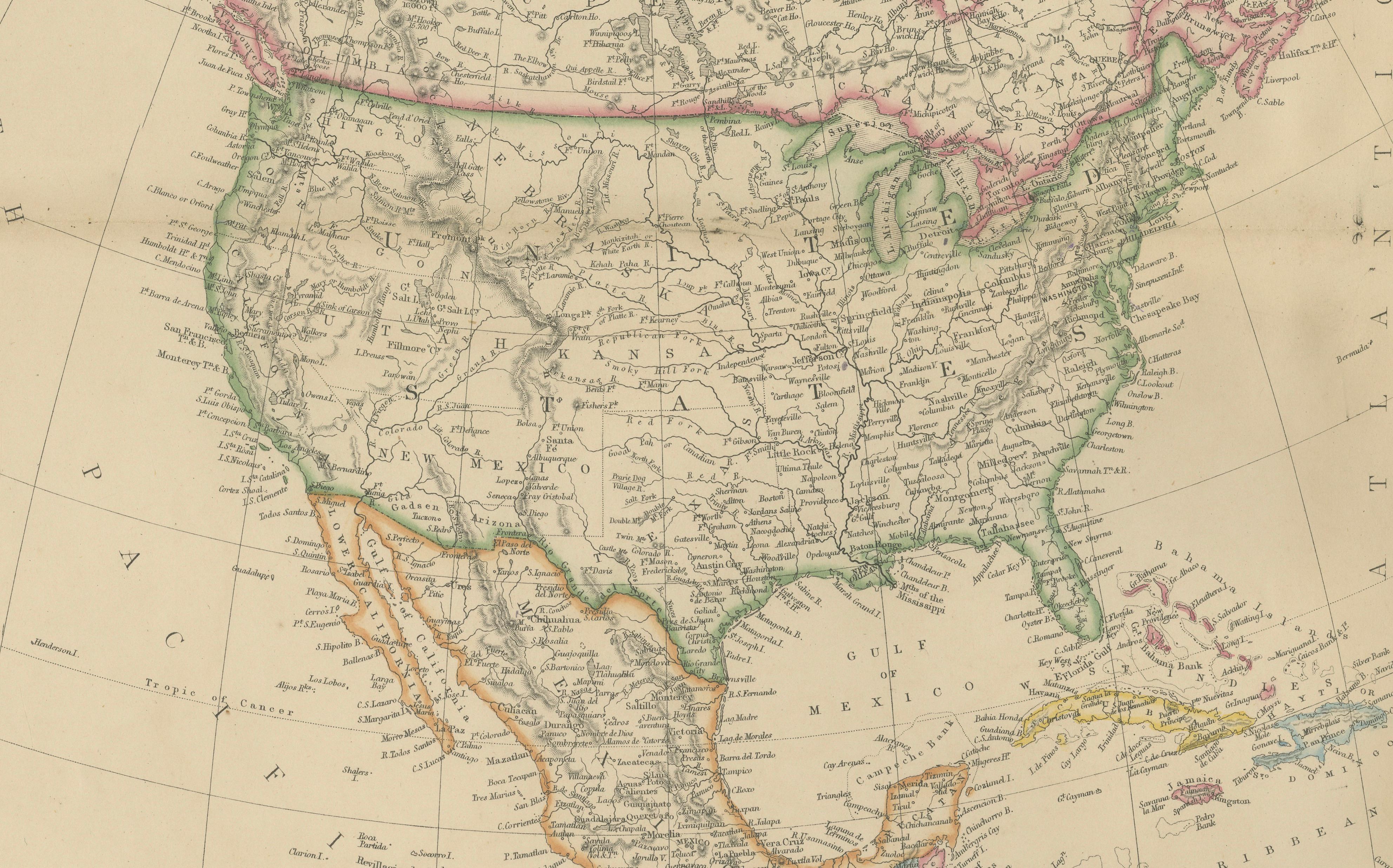 Antique Map of North America, Canada, United States and Mexico, 1860