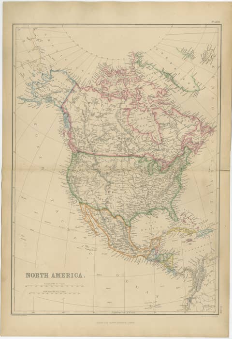 Antique Map of North America, Canada, United States and Mexico, 1860